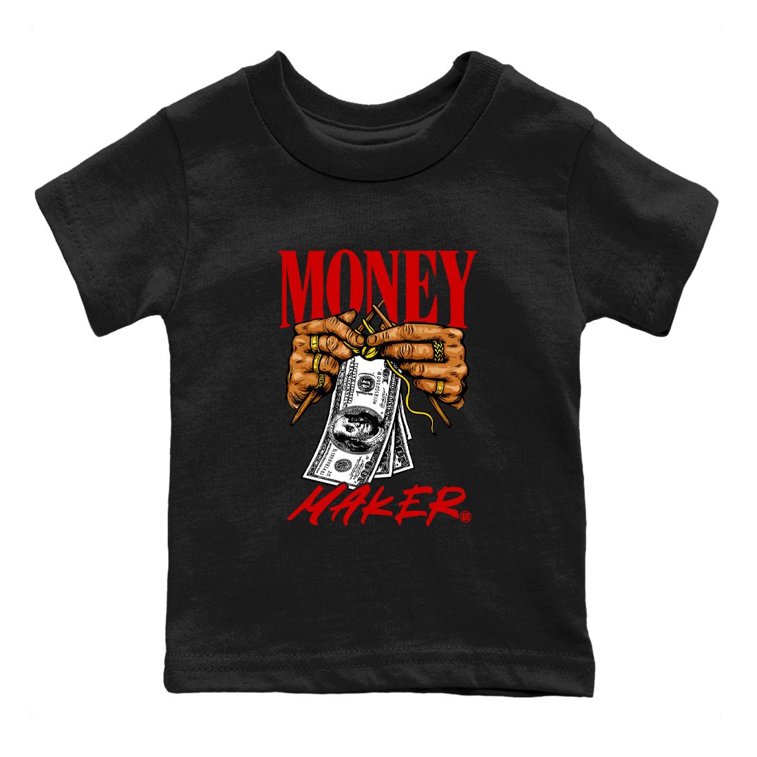 Money Maker baby and kids t-shirt crafted for little sneakerheads to shine with the Air Jordan 14 Challenge Red sneakers, displayed in Black 2.