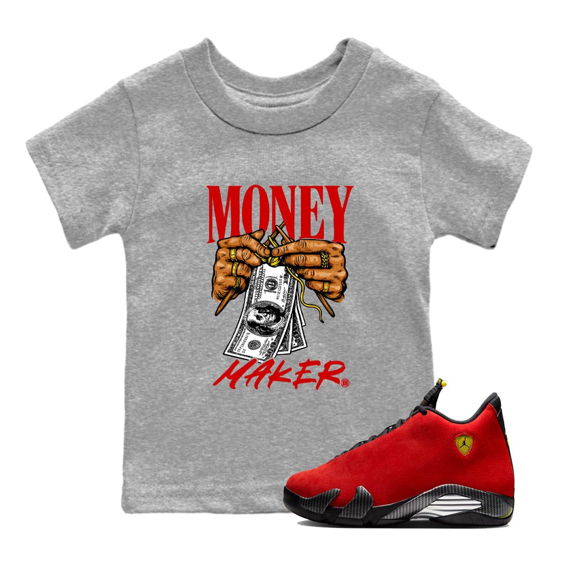 Money Maker baby and kids t-shirt crafted for little sneakerheads to shine with the Air Jordan 14 Challenge Red sneakers, displayed in Heather Grey 1.