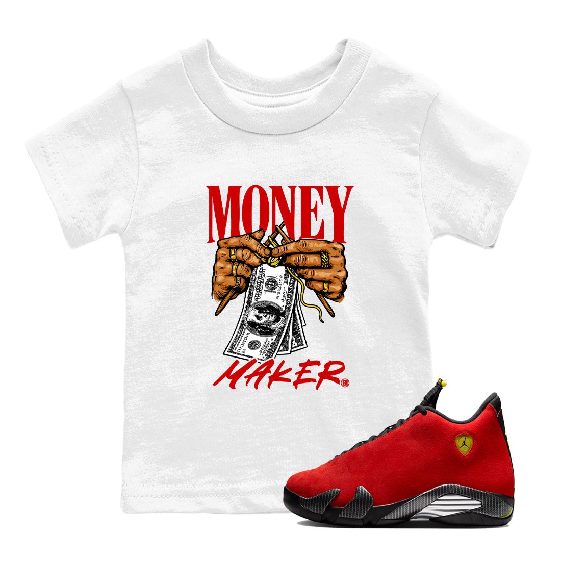 Money Maker baby and kids t-shirt crafted for little sneakerheads to shine with the Air Jordan 14 Challenge Red sneakers, displayed in White 1.