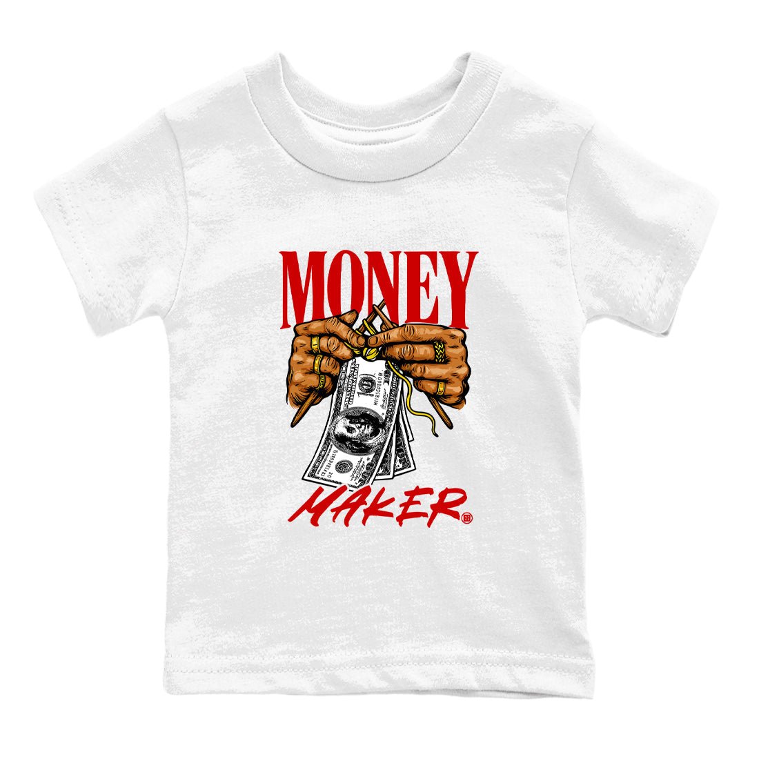 Money Maker baby and kids t-shirt crafted for little sneakerheads to shine with the Air Jordan 14 Challenge Red sneakers, displayed in White 2.