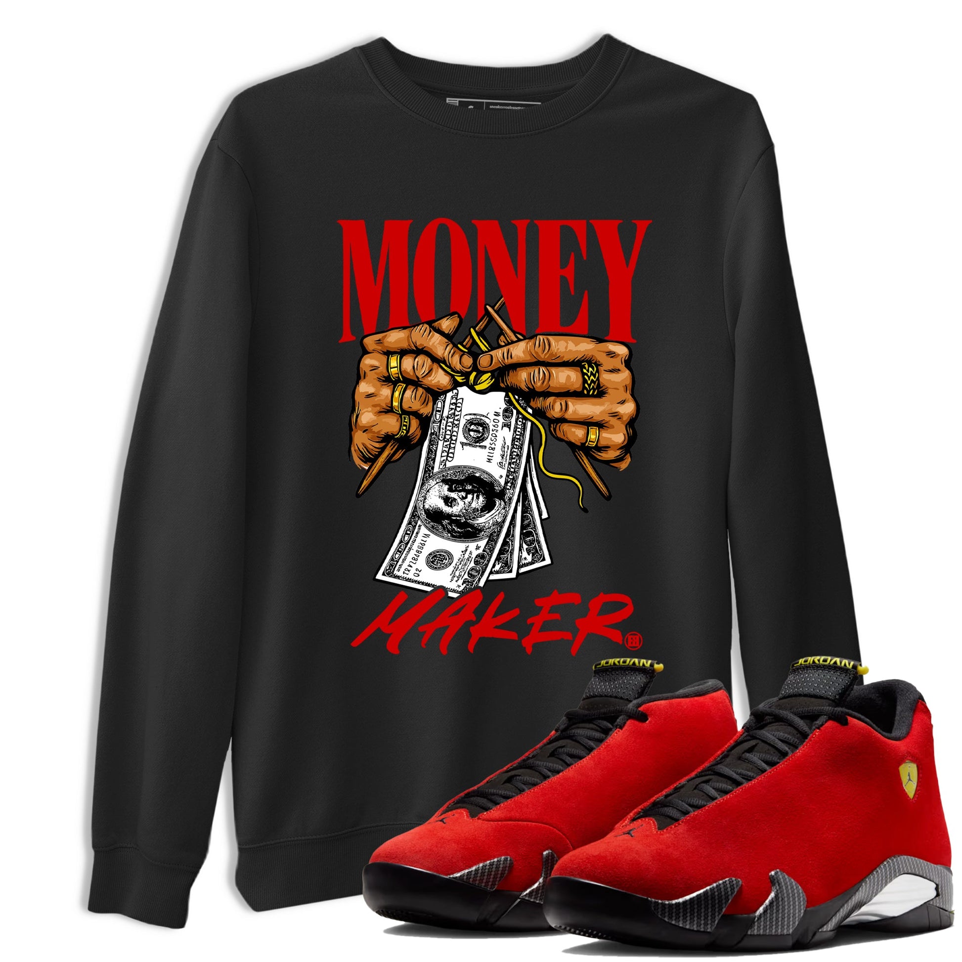 Money Maker sneaker match t-shirt styled to complete your fit with the Air Jordan 14 Challenge Red sneakers, shown in Black 1.