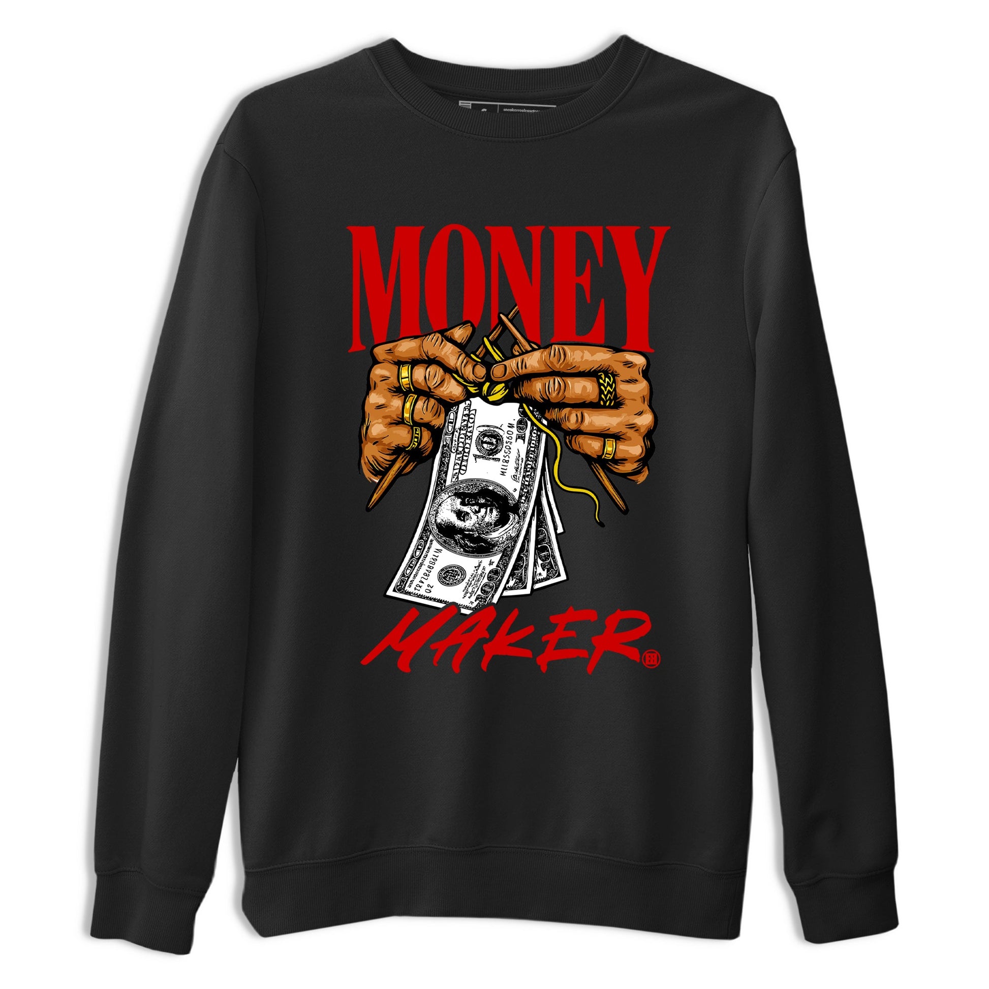 Money Maker sneaker match t-shirt styled to complete your fit with the Air Jordan 14 Challenge Red sneakers, shown in Black 2.
