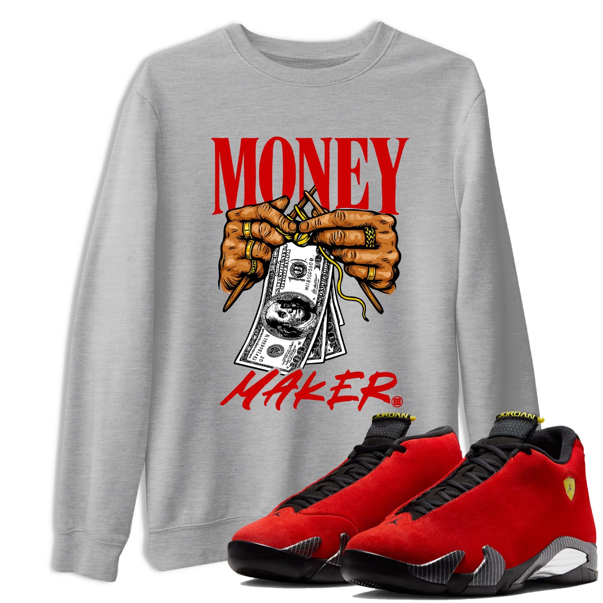 Money Maker sneaker match t-shirt styled to complete your fit with the Air Jordan 14 Challenge Red sneakers, shown in Heather Grey 1.