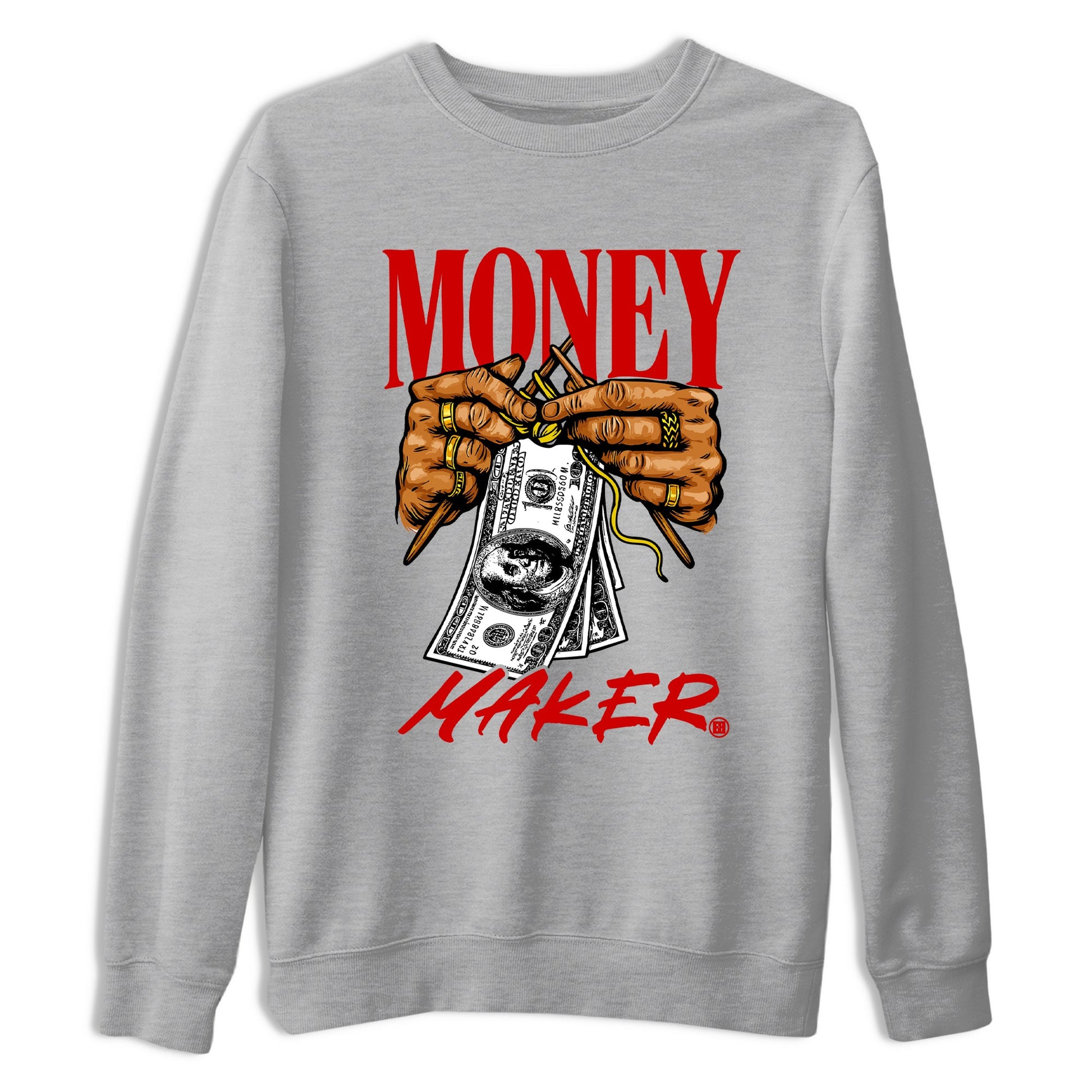 Money Maker sneaker match t-shirt styled to complete your fit with the Air Jordan 14 Challenge Red sneakers, shown in Heather Grey 2.