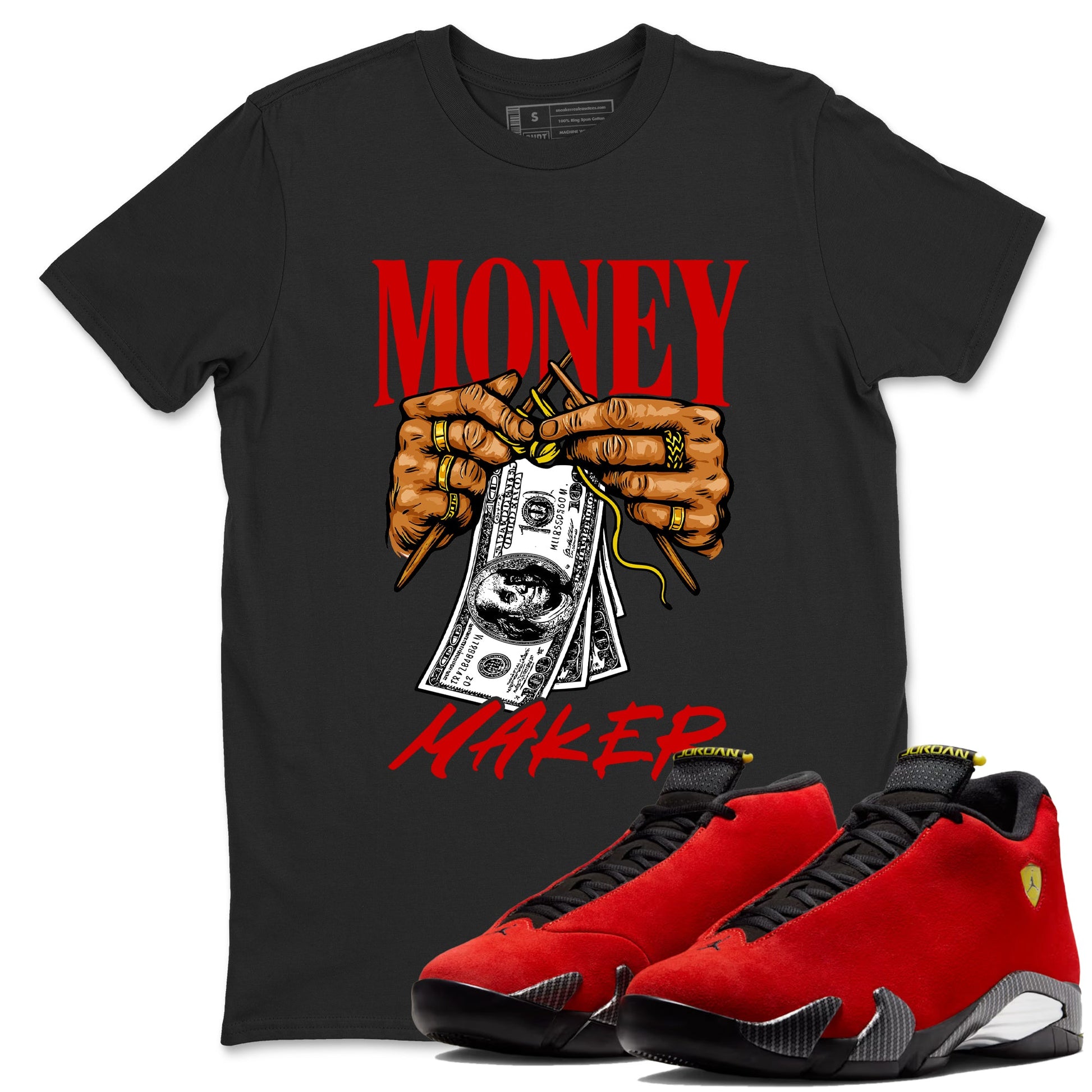 Money Maker sneaker match t-shirt styled to complete your fit with the Air Jordan 14 Challenge Red sneakers, shown in Black 1.