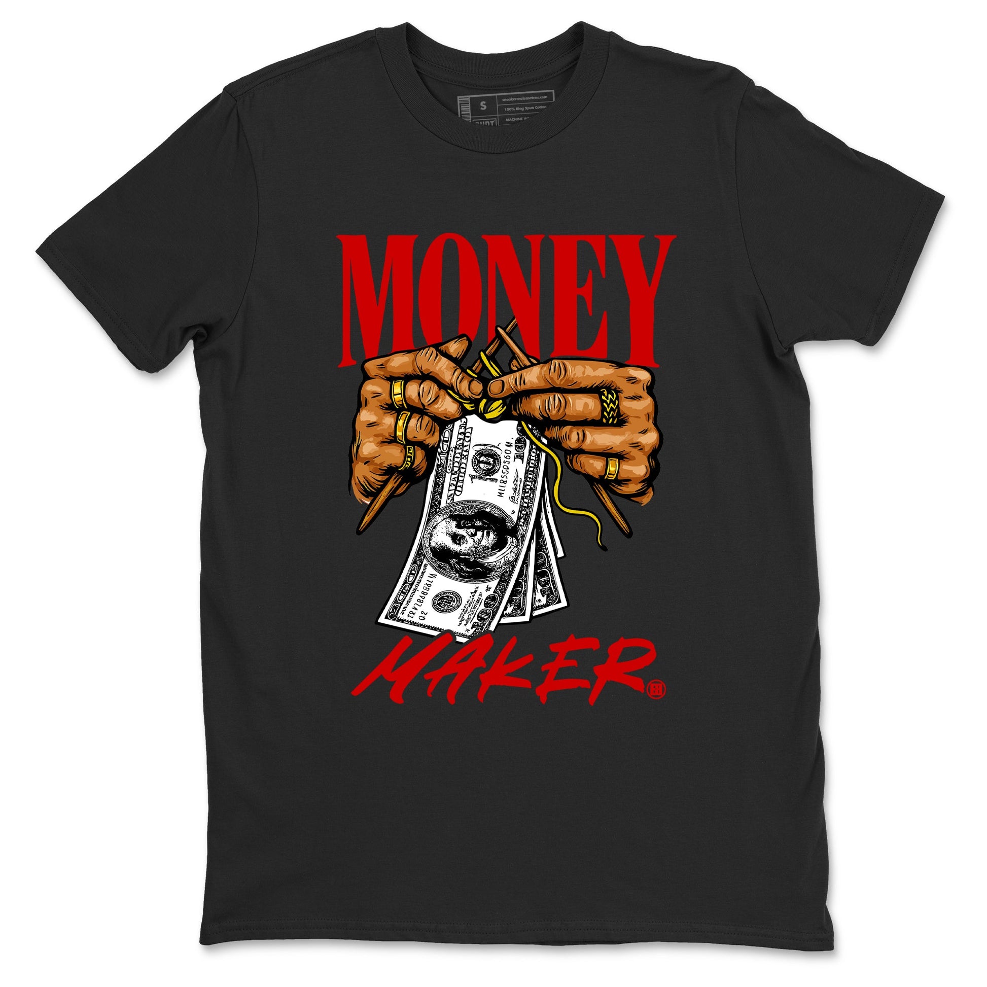 Money Maker sneaker match t-shirt styled to complete your fit with the Air Jordan 14 Challenge Red sneakers, shown in Black 2.