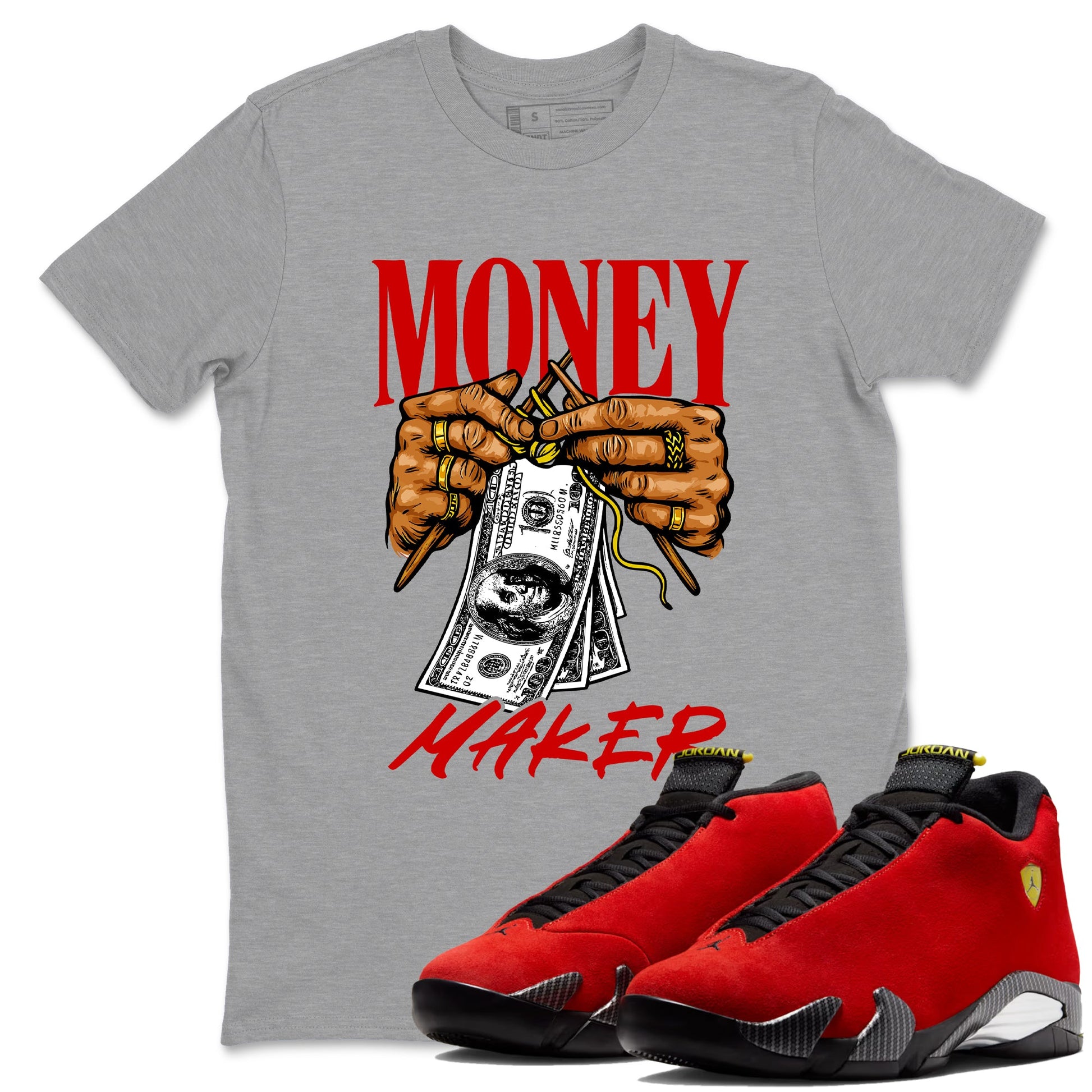 Money Maker sneaker match t-shirt styled to complete your fit with the Air Jordan 14 Challenge Red sneakers, shown in Heather Grey 1.