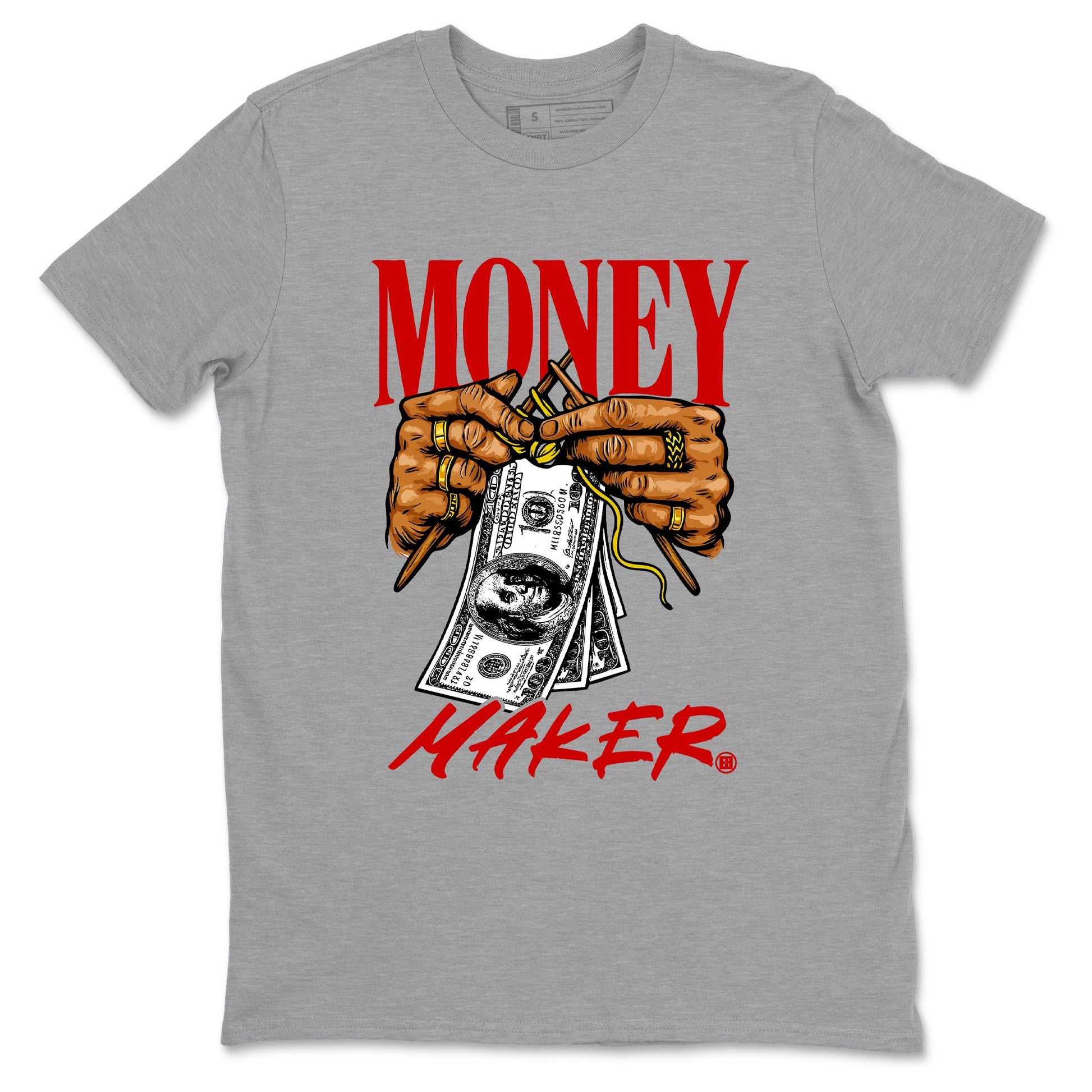 Money Maker sneaker match t-shirt styled to complete your fit with the Air Jordan 14 Challenge Red sneakers, shown in Heather Grey 2.
