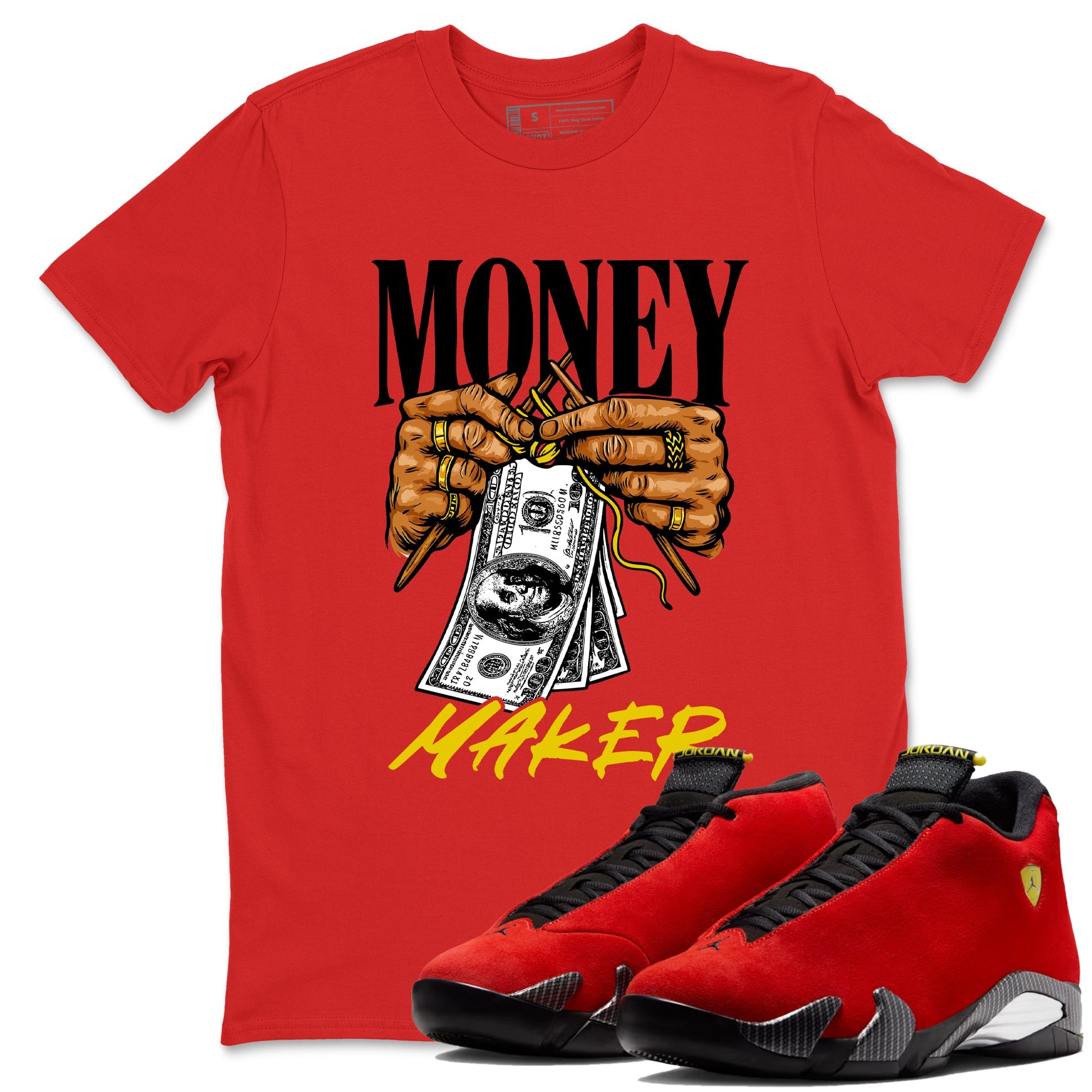 Money Maker sneaker match t-shirt styled to complete your fit with the Air Jordan 14 Challenge Red sneakers, shown in Red 1.