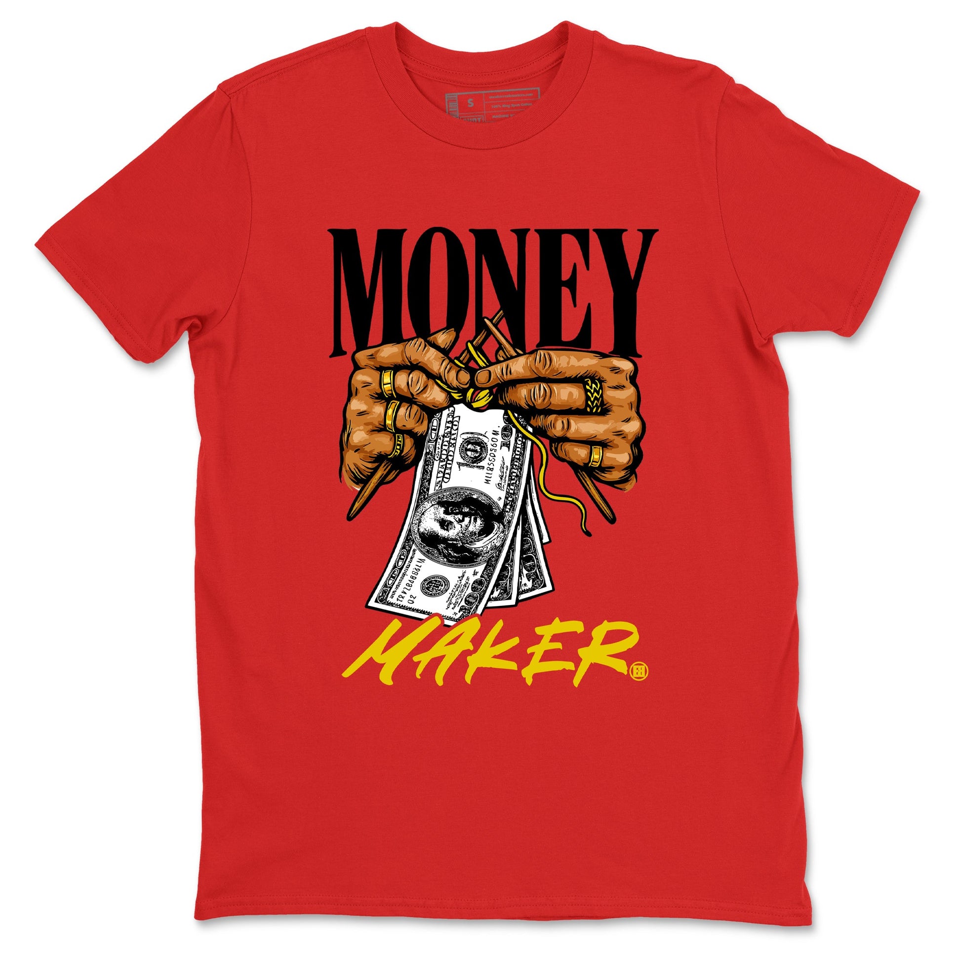 Money Maker sneaker match t-shirt styled to complete your fit with the Air Jordan 14 Challenge Red sneakers, shown in Red 2.