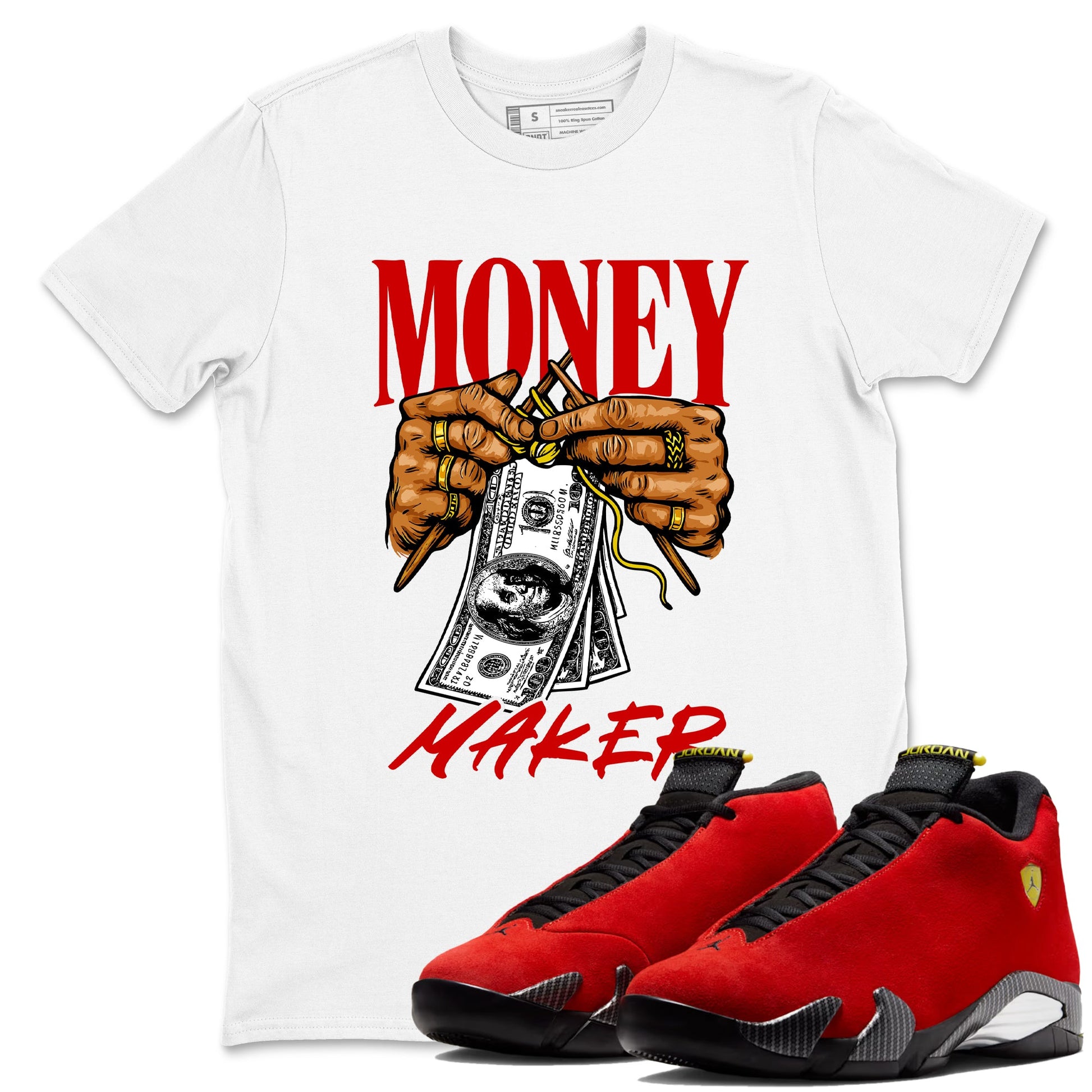 Money Maker sneaker match t-shirt styled to complete your fit with the Air Jordan 14 Challenge Red sneakers, shown in White 1.