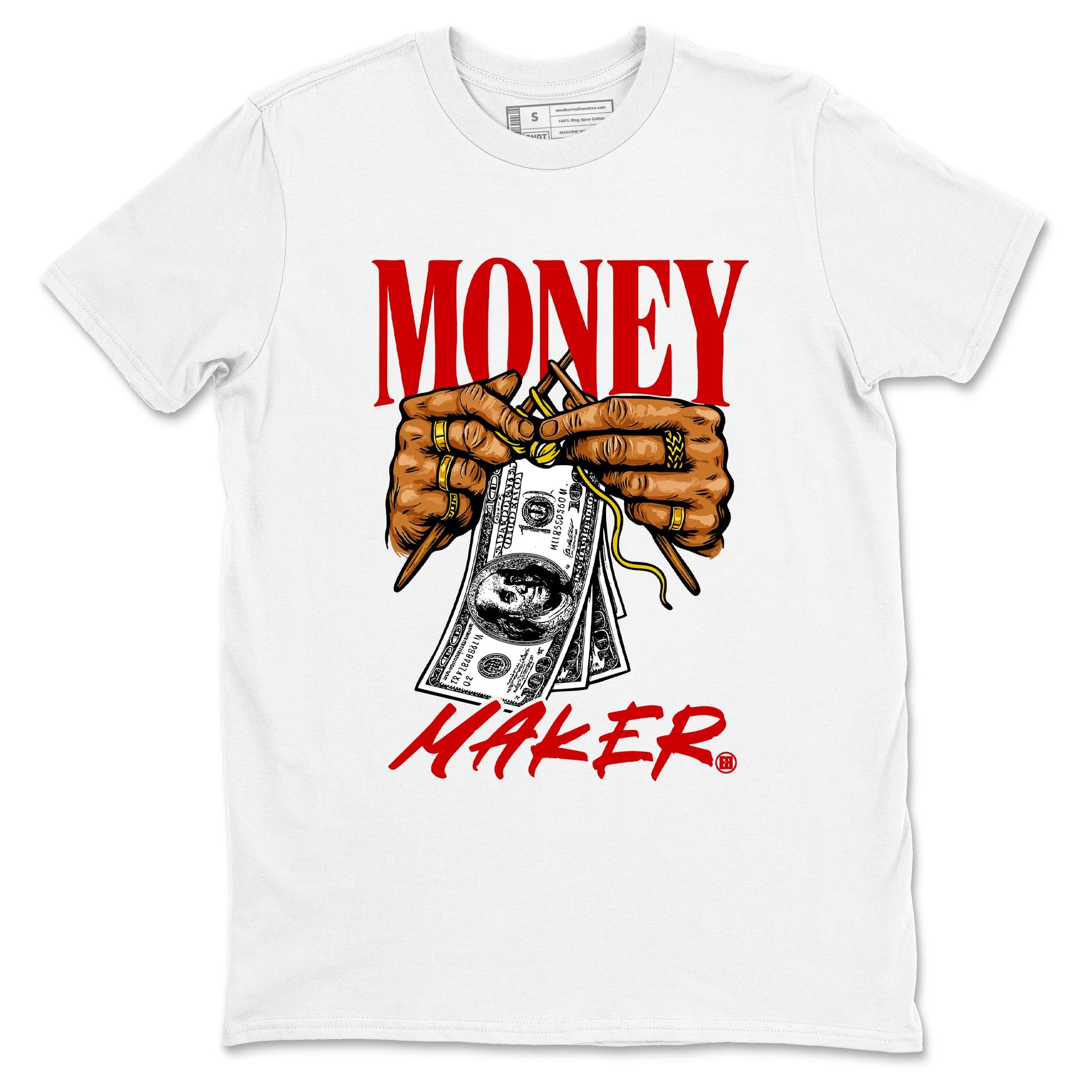 Money Maker sneaker match t-shirt styled to complete your fit with the Air Jordan 14 Challenge Red sneakers, shown in White 2.