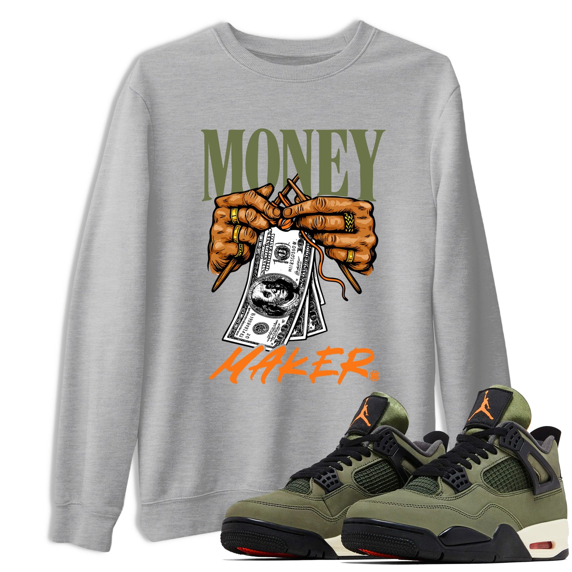 Sneaker match tees – Sneaker Tees To Match Undefeated inspired colorways Air Jordan 4 OG Olive Shoes – Money Maker Tee Heather Grey 1