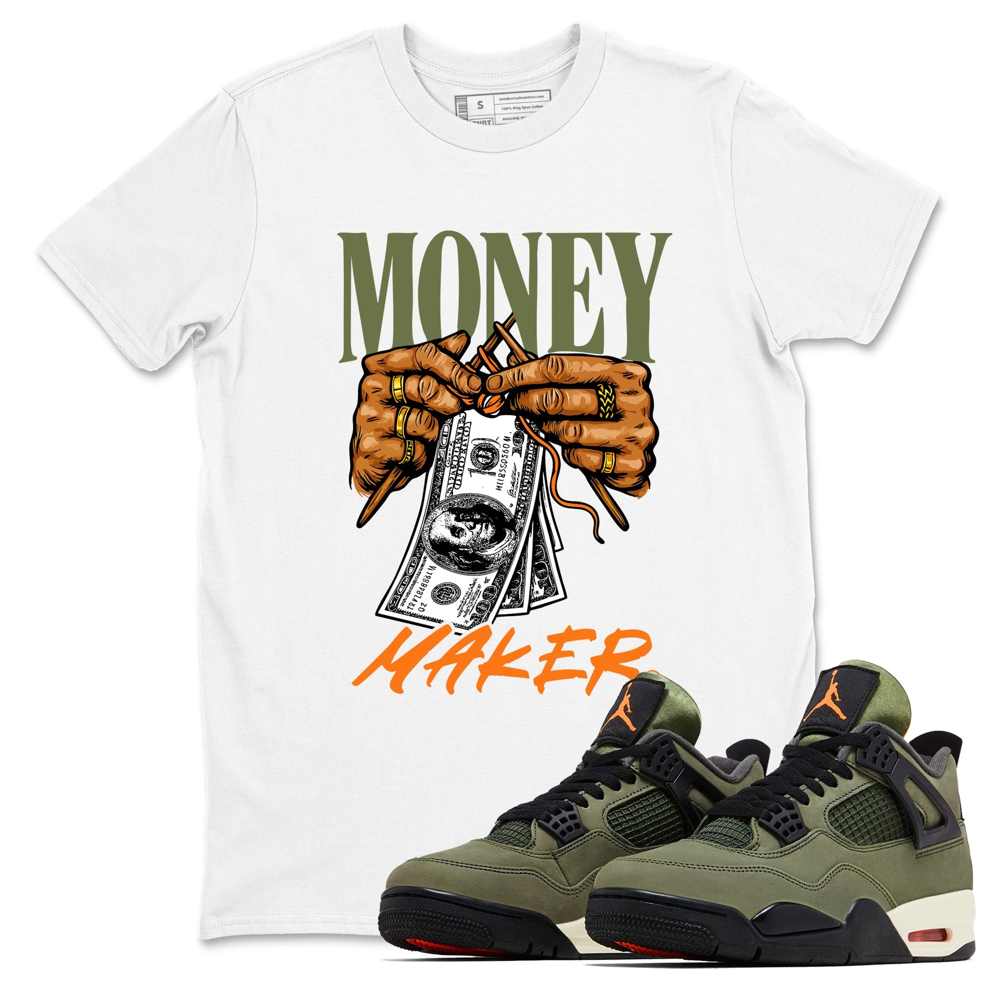 Sneaker match tees – Sneaker Tees To Match Undefeated inspired colorways Air Jordan 4 OG Olive Shoes – Money Maker Tee White 1
