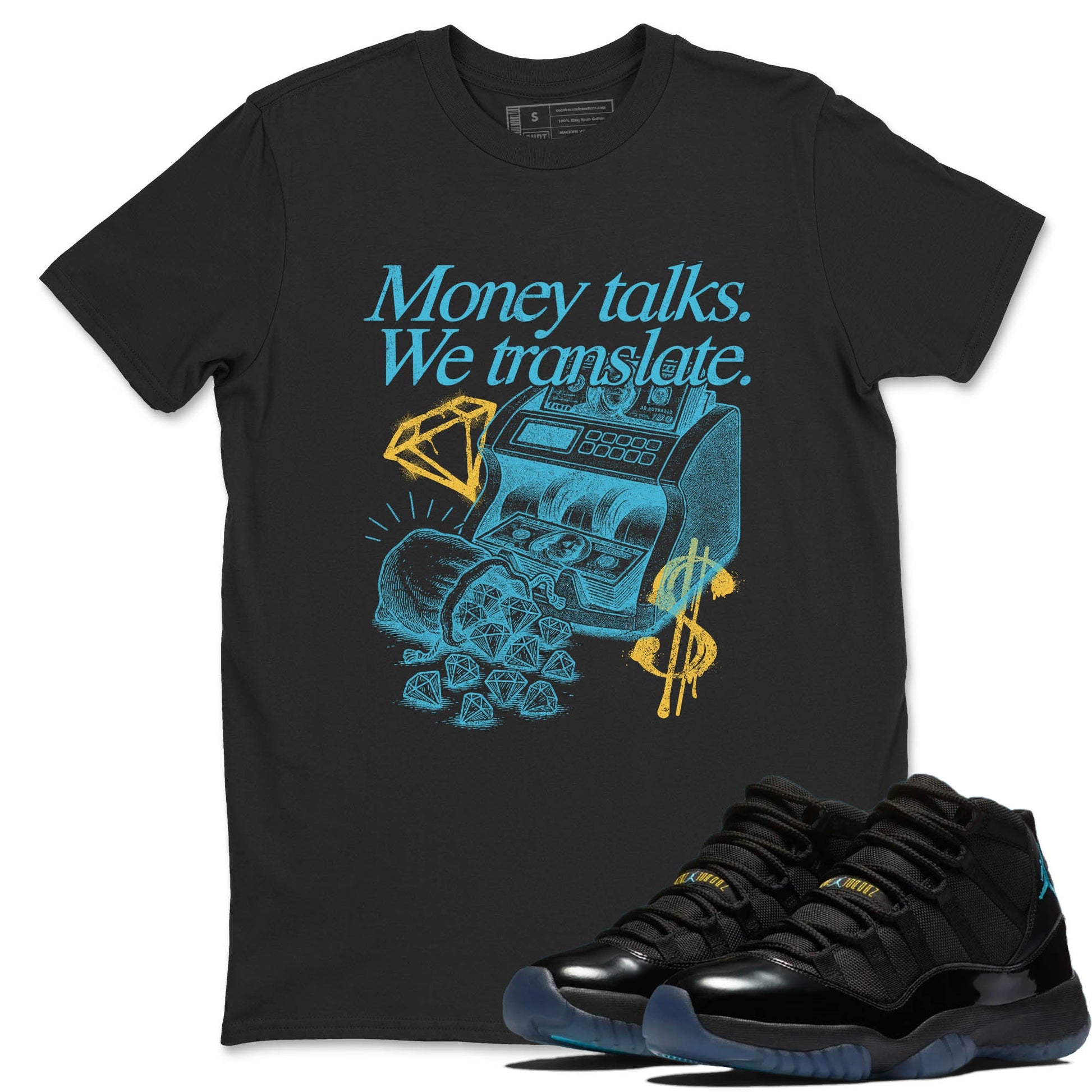 Sneaker Threads – Sneaker Tees To Match Air Jordan 11 Retro Gamma – Money Talks We Translate Graphic Tee Black 1. Perfect for Jordan releases 2025 colorways.