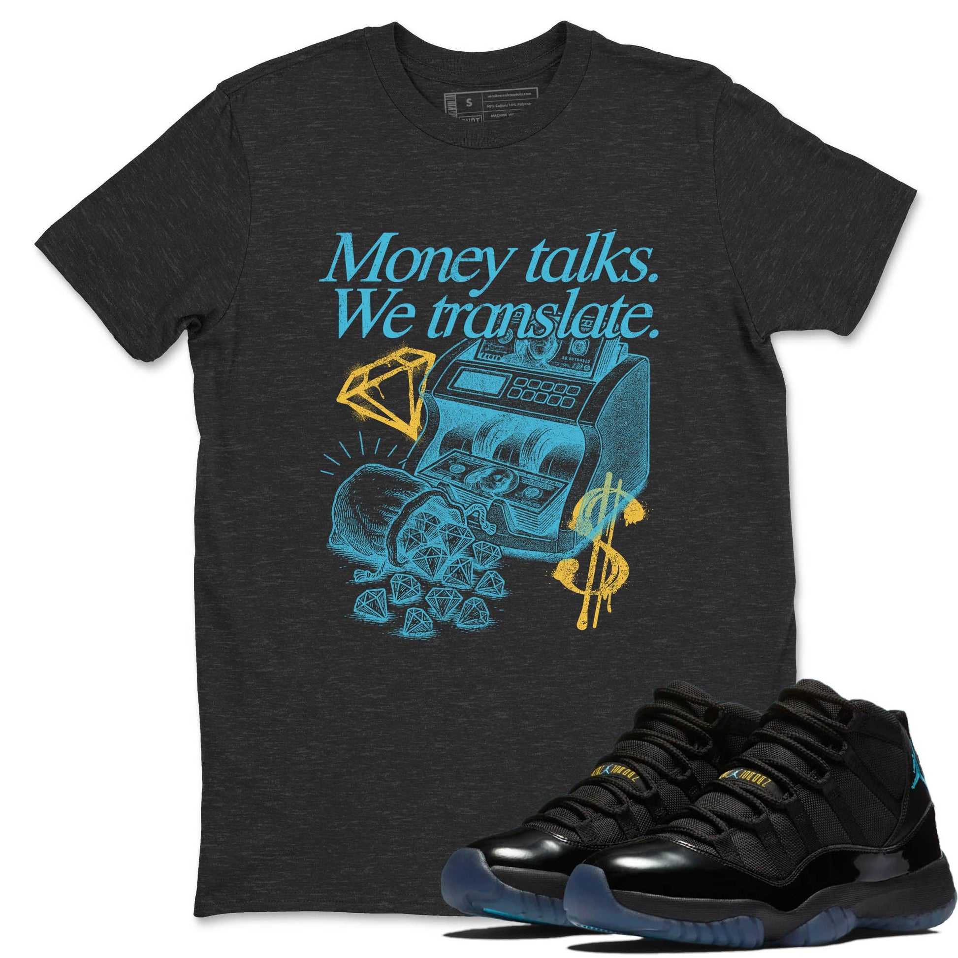 Sneaker Threads – Sneaker Tees To Match Air Jordan 11 Retro Gamma – Money Talks We Translate Graphic Tee Charcoal Heather 1. Perfect for Jordan releases 2025 colorways.