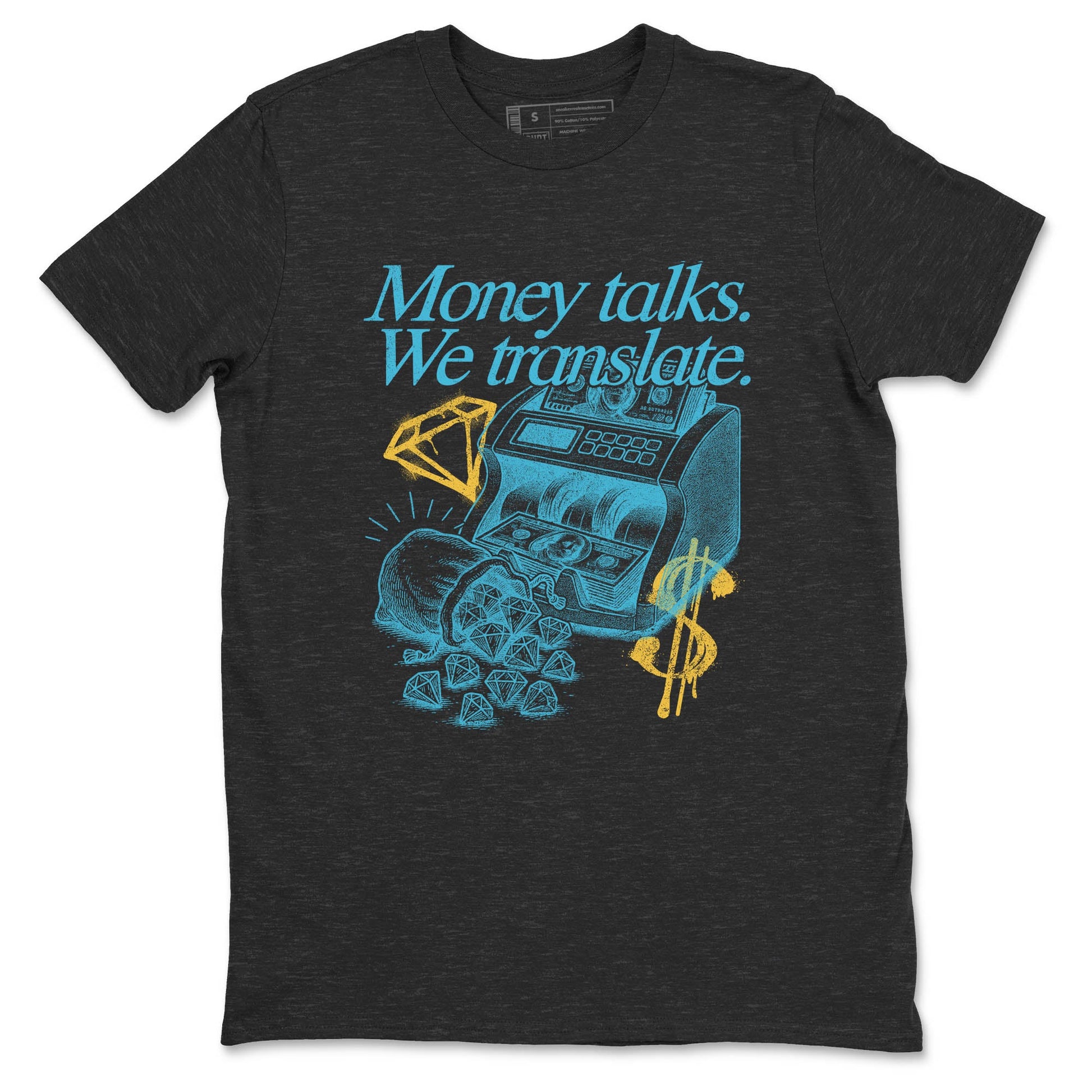 Sneaker Threads – Sneaker Tees To Match Air Jordan 11 Retro Gamma – Money Talks We Translate Graphic Tee Charcoal Heather 2. Perfect for Jordan releases 2025 colorways.