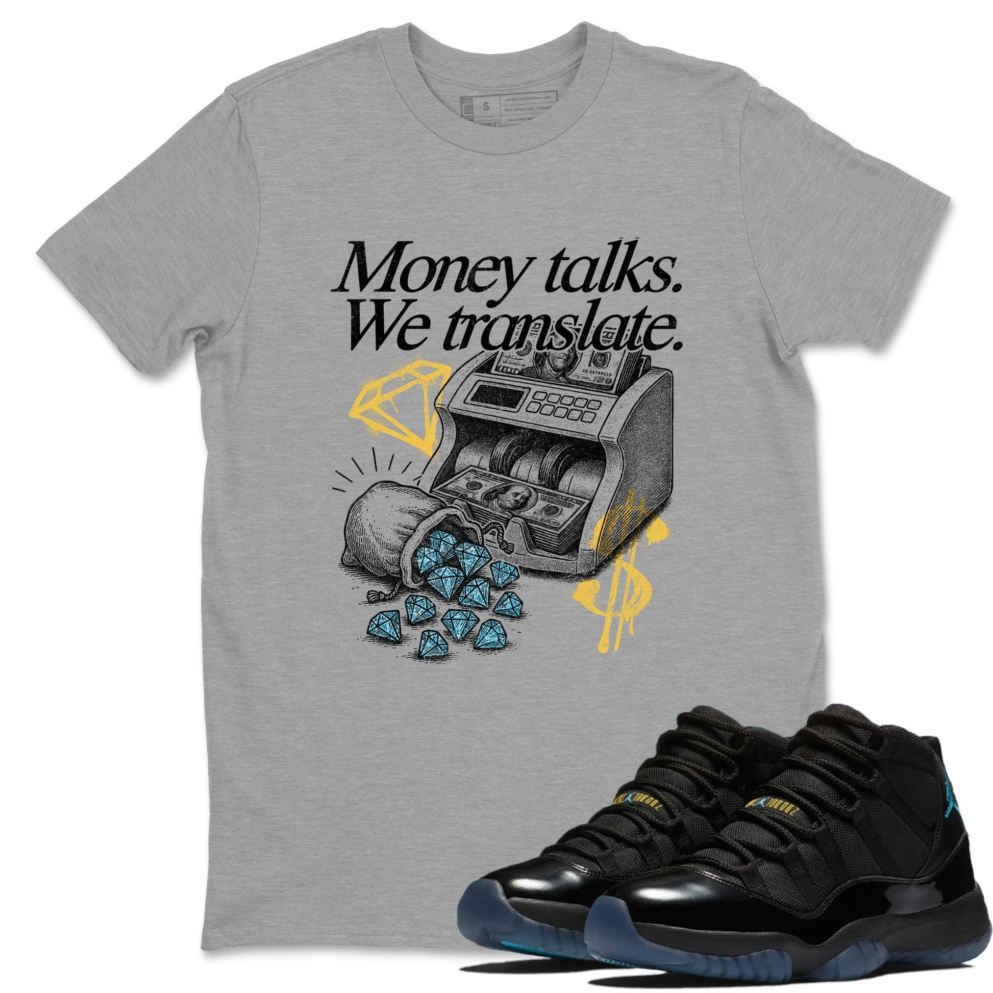 Sneaker Threads – Sneaker Tees To Match Air Jordan 11 Retro Gamma – Money Talks We Translate Graphic Tee Heather Grey 1. Perfect for Jordan releases 2025 colorways.