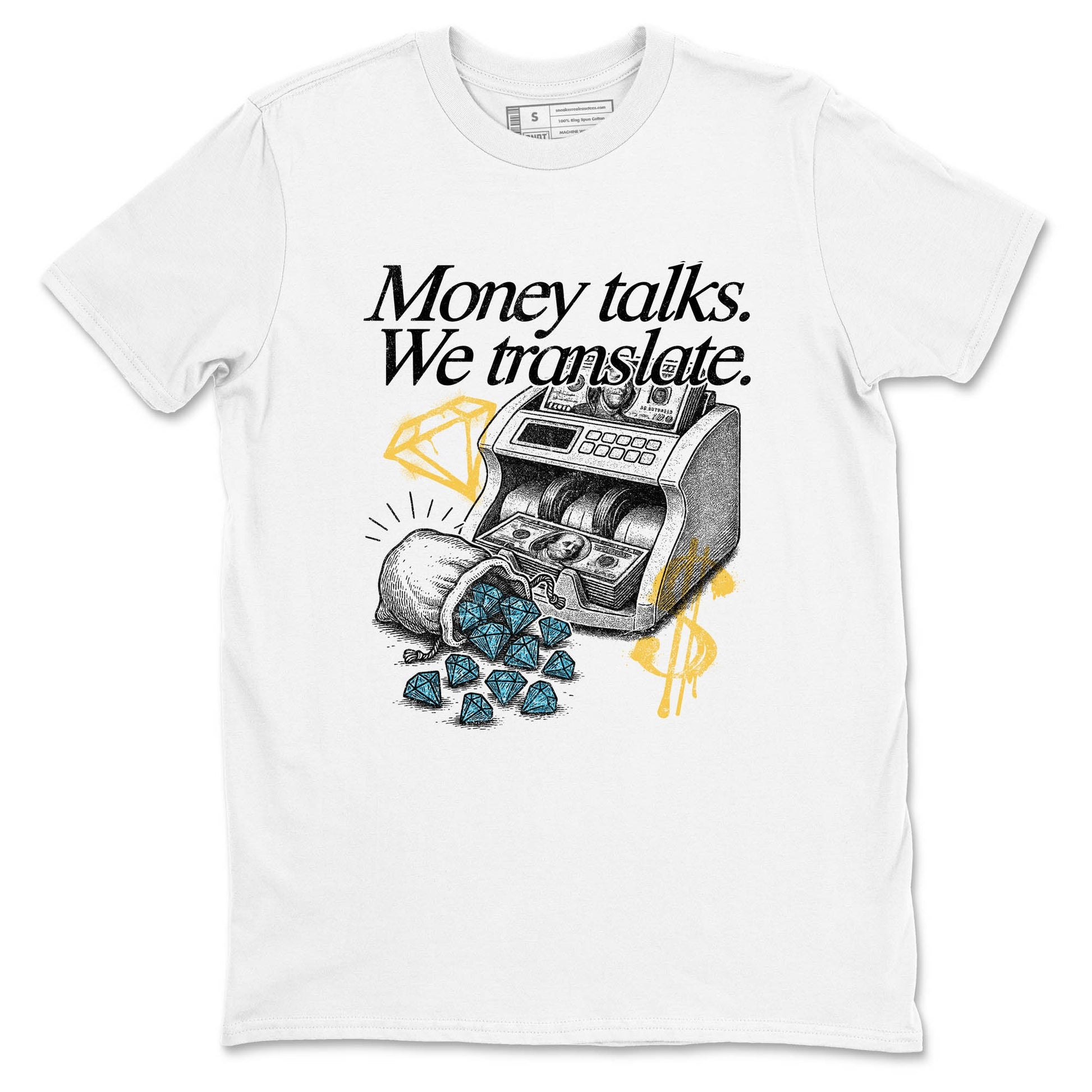 Sneaker Threads – Sneaker Tees To Match Air Jordan 11 Retro Gamma – Money Talks We Translate Graphic Tee White 2. Perfect for Jordan releases 2025 colorways.