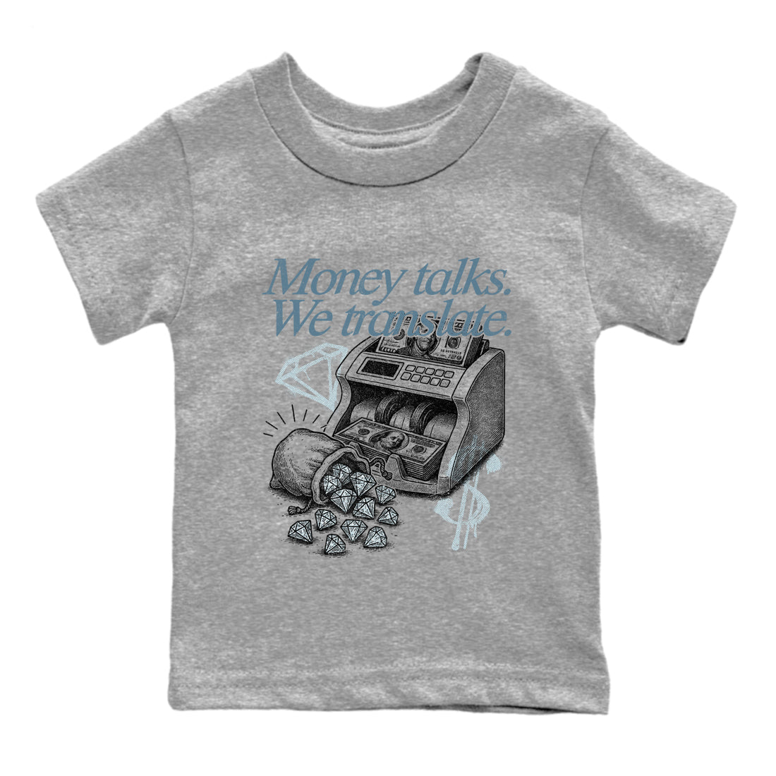 Sneaker match tees – Sneaker Tees To Match 4s Worn Blue Air Jordan 4 Denim Shoes – Money Talks We Translate Kids T-Shirt Heather Grey 2