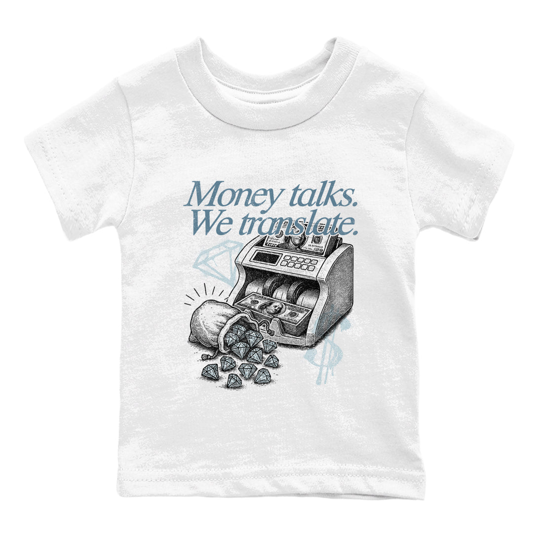 Sneaker match tees – Sneaker Tees To Match 4s Worn Blue Air Jordan 4 Denim Shoes – Money Talks We Translate Kids T-Shirt White 2