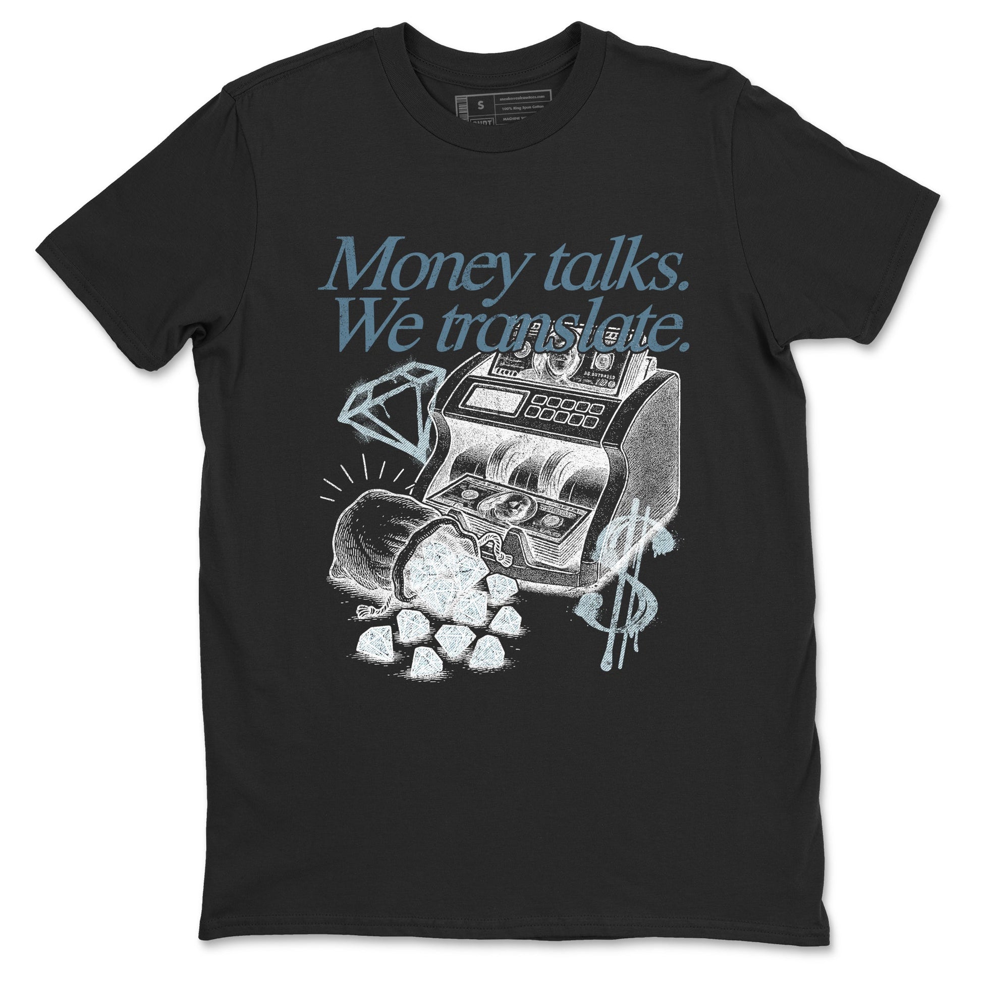 Sneaker match tees – Sneaker Tees To Match 4s Worn Blue Air Jordan 4 Denim Shoes – Money Talks We Translate Tee Black 2