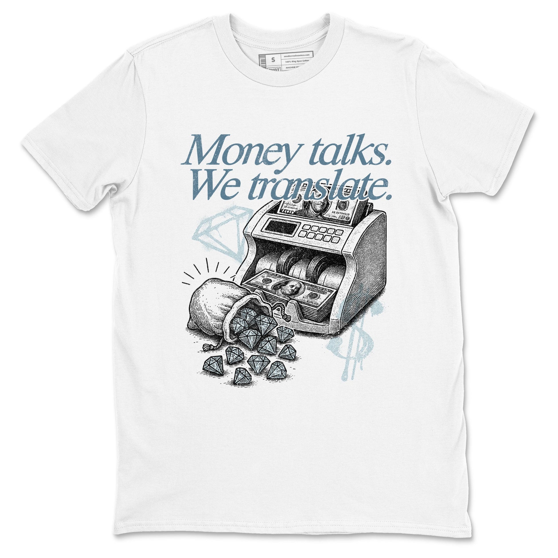 Sneaker match tees – Sneaker Tees To Match 4s Worn Blue Air Jordan 4 Denim Shoes – Money Talks We Translate Tee White 2