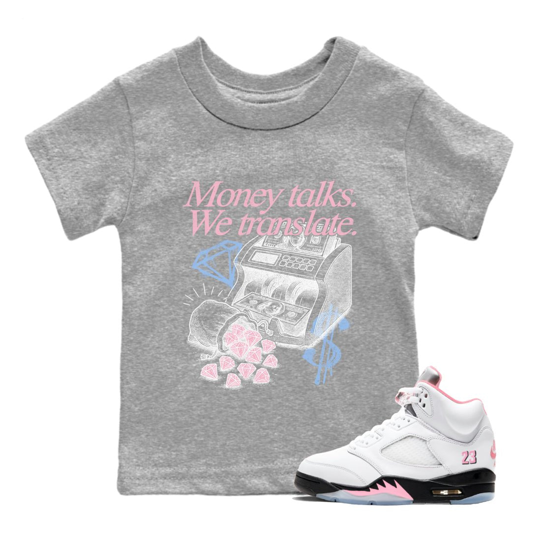 Sneaker match tees – Sneaker Tees To Match Air Jordan 5 35th Anniversary Shoes – Money Talks We Translate Kids T-Shirt Heather Grey 1