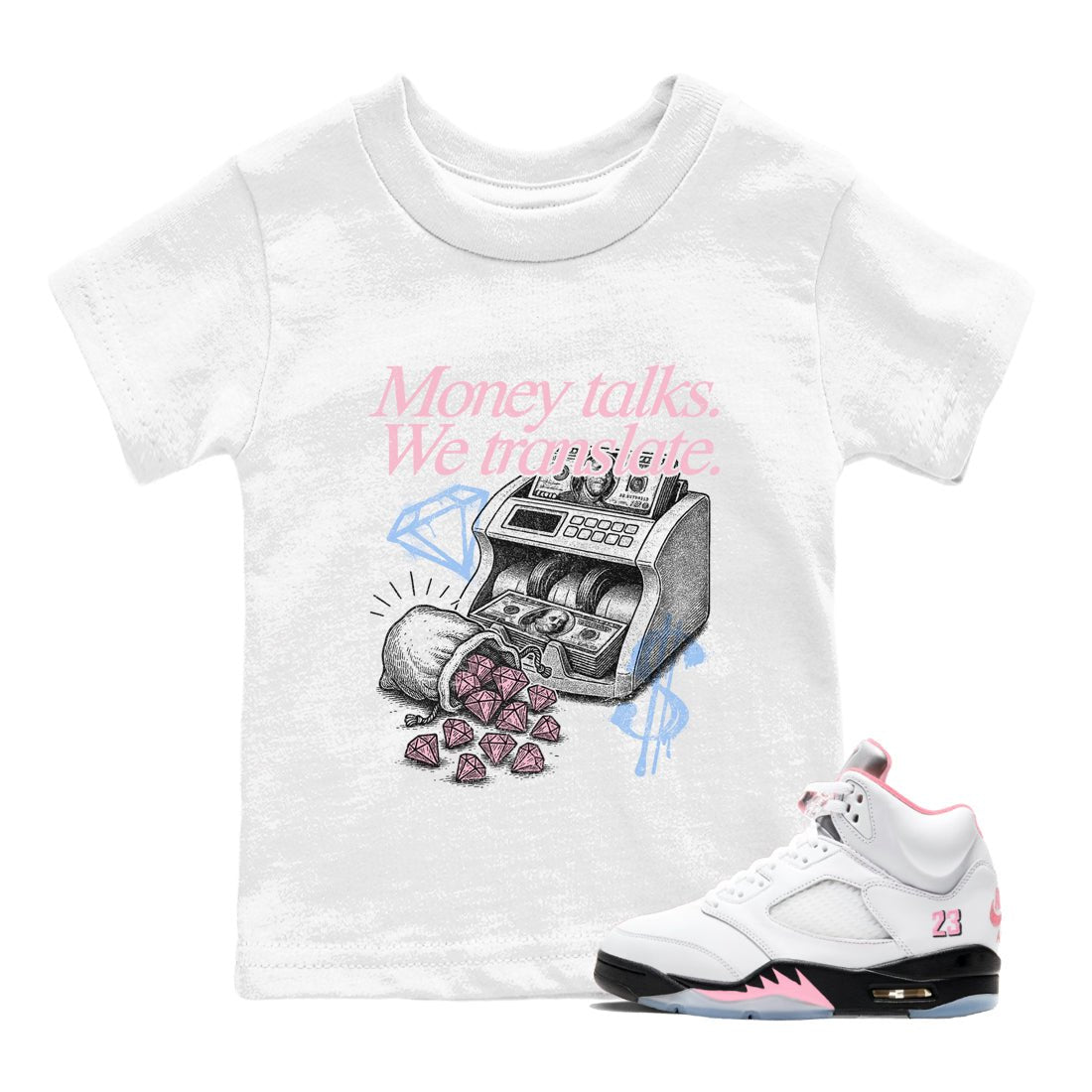 Sneaker match tees – Sneaker Tees To Match Air Jordan 5 35th Anniversary Shoes – Money Talks We Translate Kids T-Shirt White 1