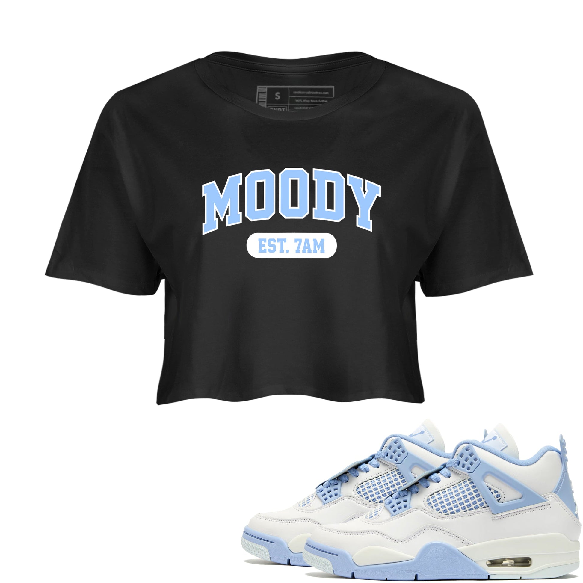 Moody womens crop tee made to vibe with the Air Jordan 4 Aluminum sneakers — the perfect match in Black 1.