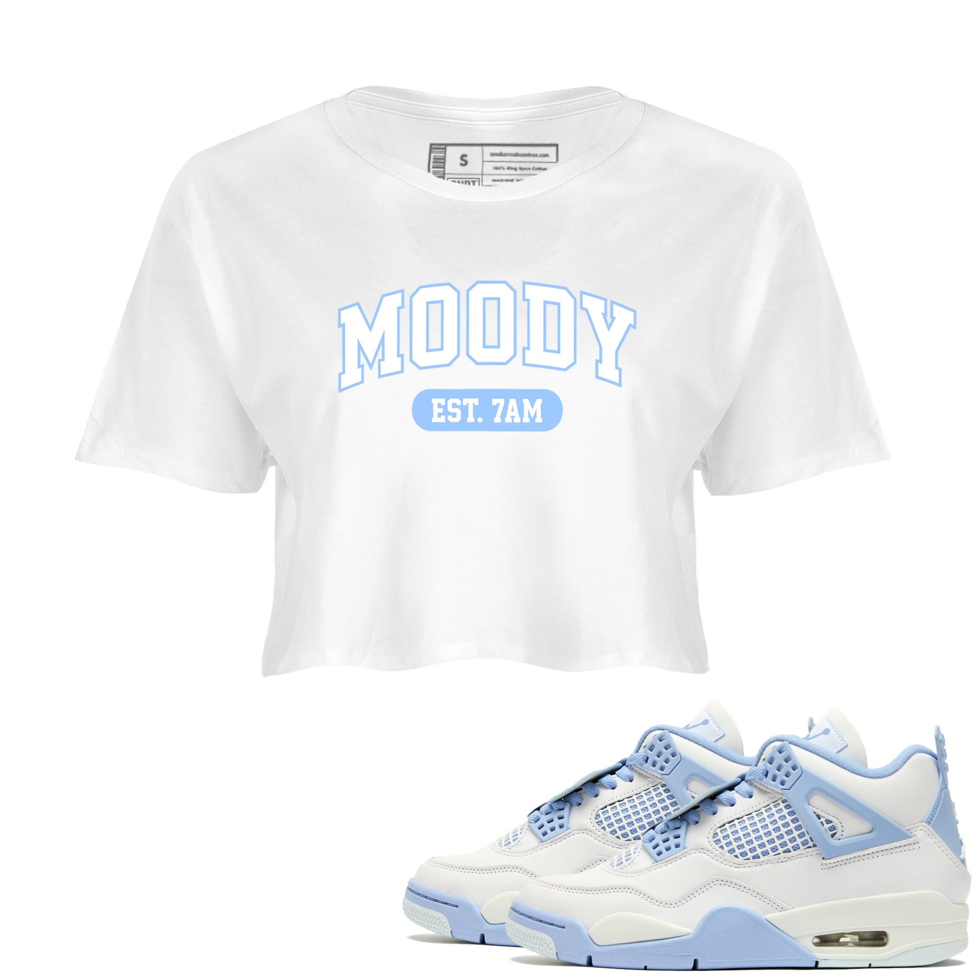 Moody womens crop tee made to vibe with the Air Jordan 4 Aluminum sneakers — the perfect match in White 1.