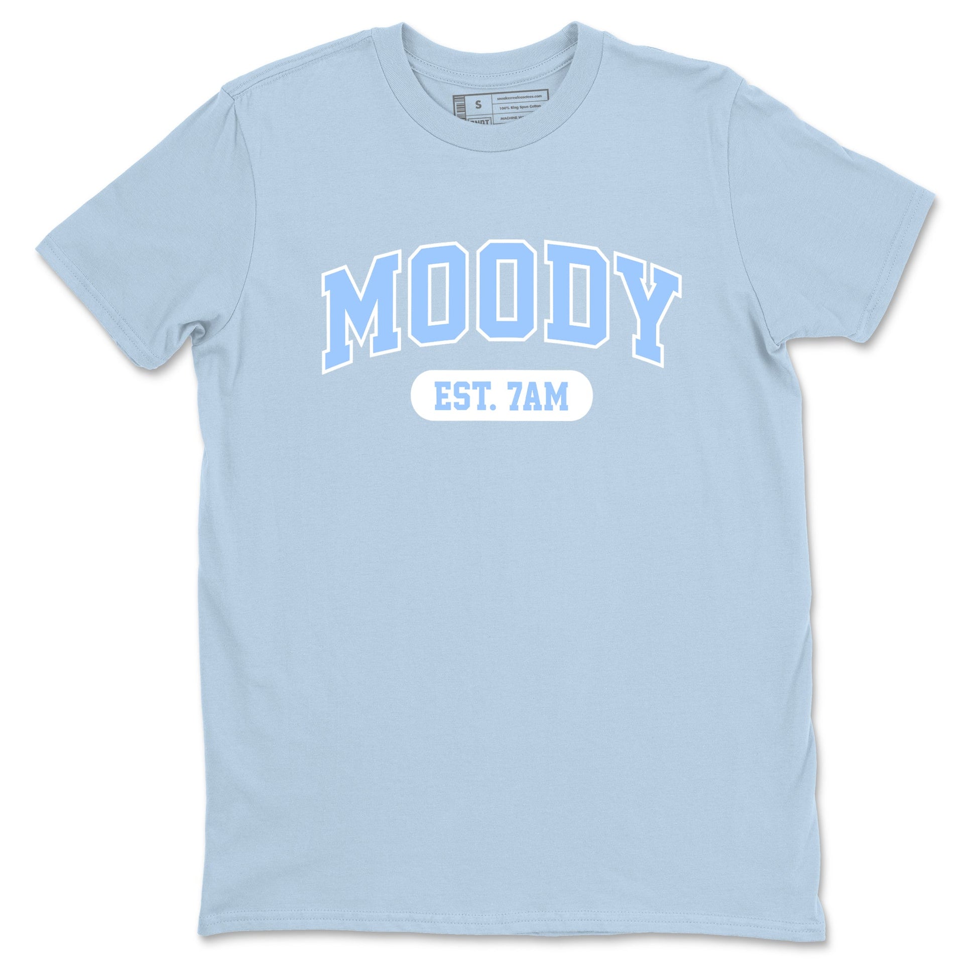 Moody sneaker match t-shirt styled to complete your fit with the Air Jordan 4 Aluminum sneakers, shown in Light Blue 2.