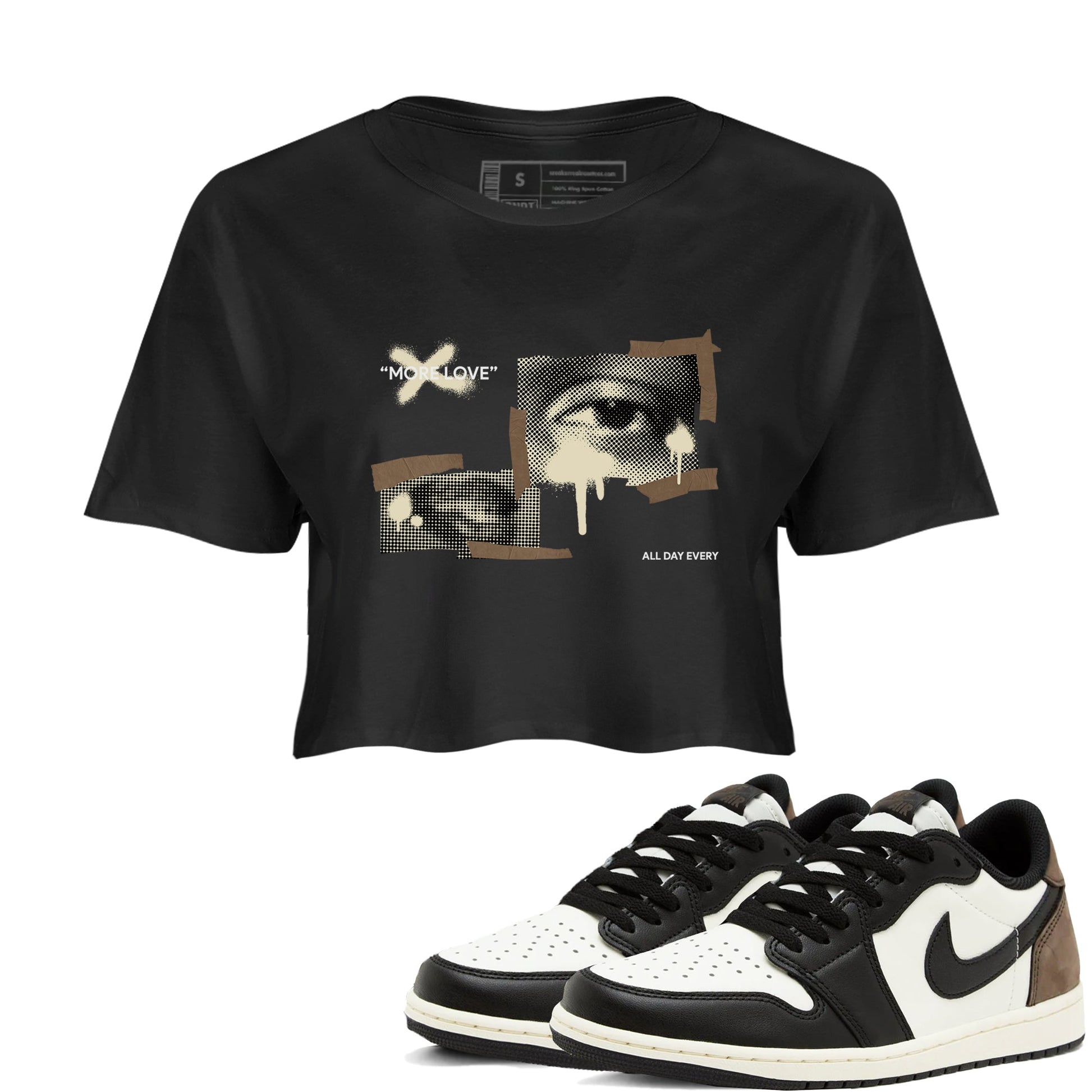 1s Low OG Mocha shirts to match jordans More Love sneaker match tees Air Jordan 1 Mocha match shoes to clothes SNRT Sneaker Tees unisex cotton Black 1 crop tee