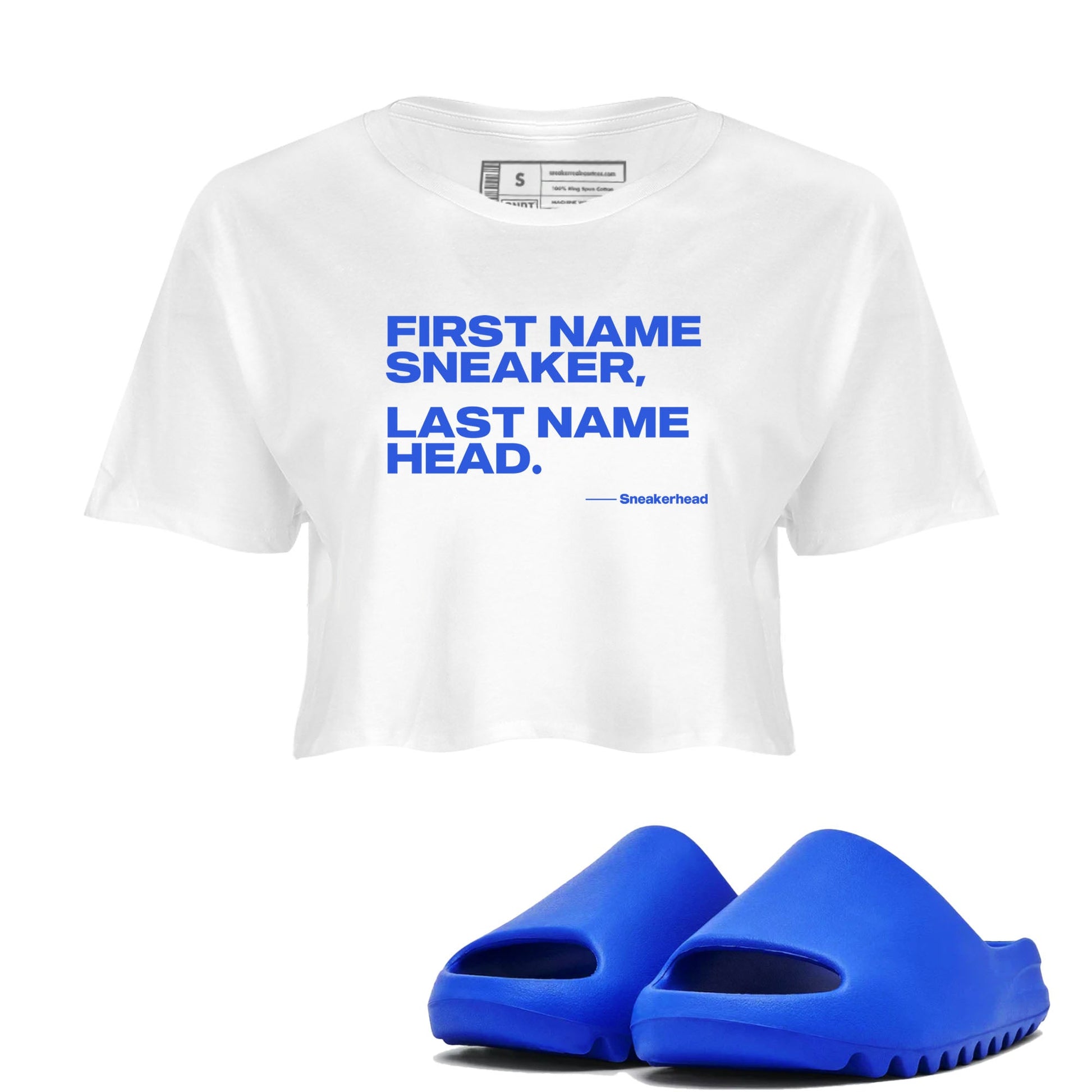Yeezy Slide Azure shirts to match jordans My Name Is Sneakerhead sneaker match tees Yeezy Slide Azure SNRT Sneaker Tees streetwear brand White 1 crop tee