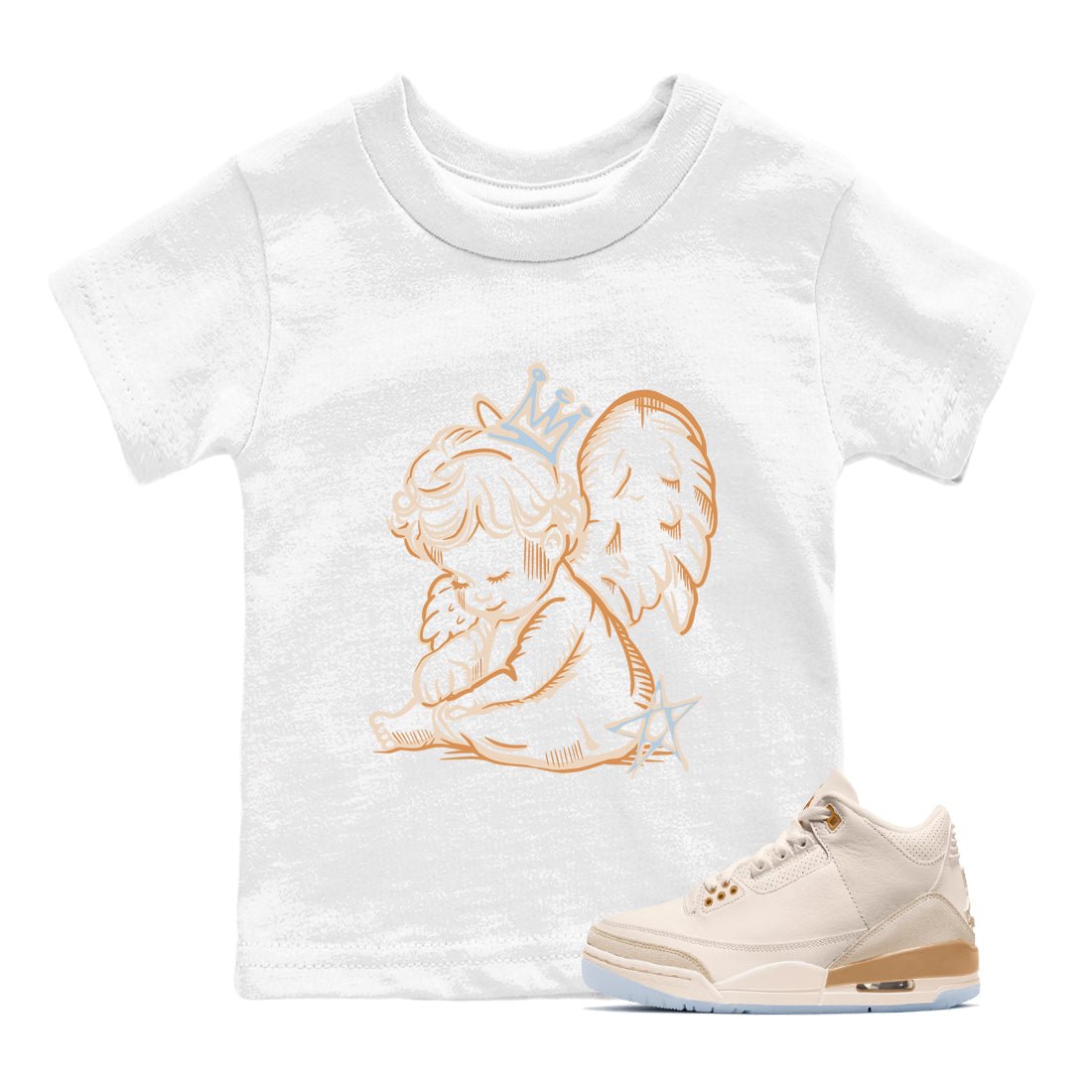 Sneaker match tees – Sneaker Tees To Match Air Jordan 3 Champagne and Oysters Shoes – Neon Angel Kids T-Shirt White 1