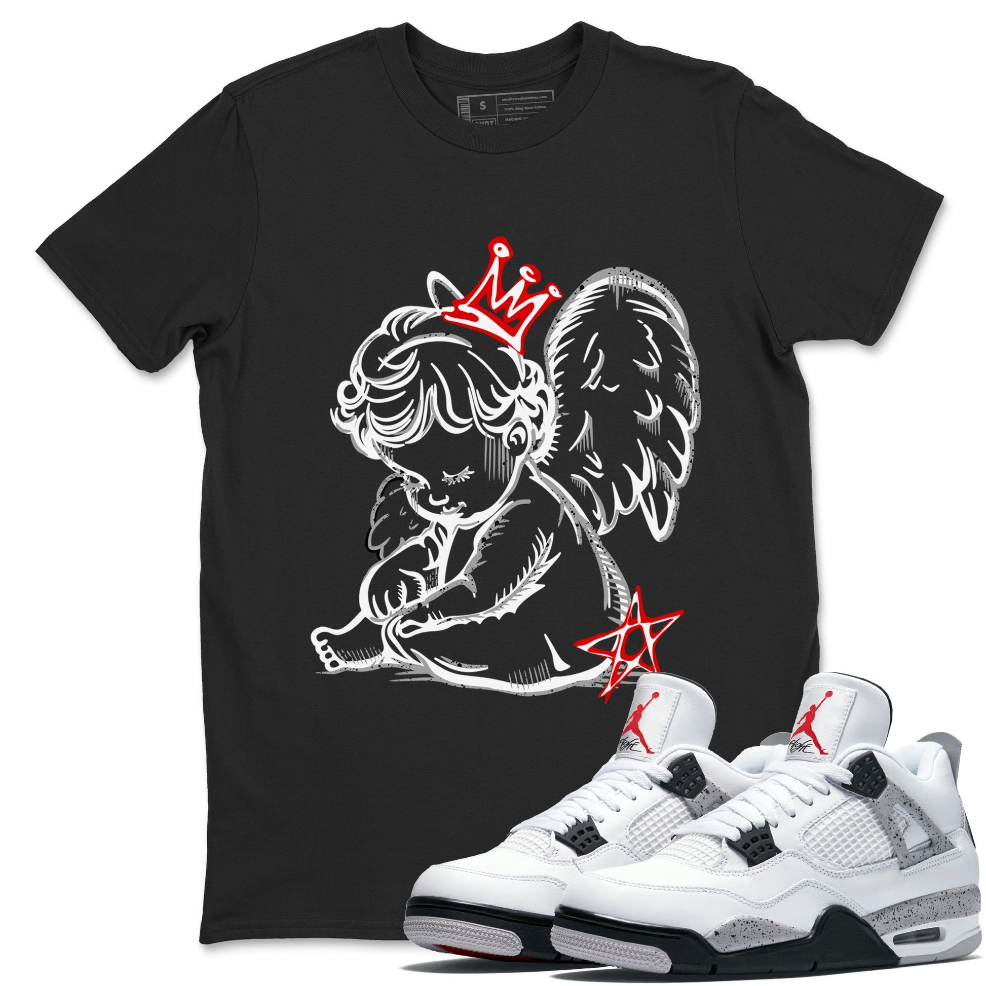 Neon Angel sneaker match t-shirt styled to complete your fit with the Air Jordan 4 White Cement sneakers, shown in Black 1.
