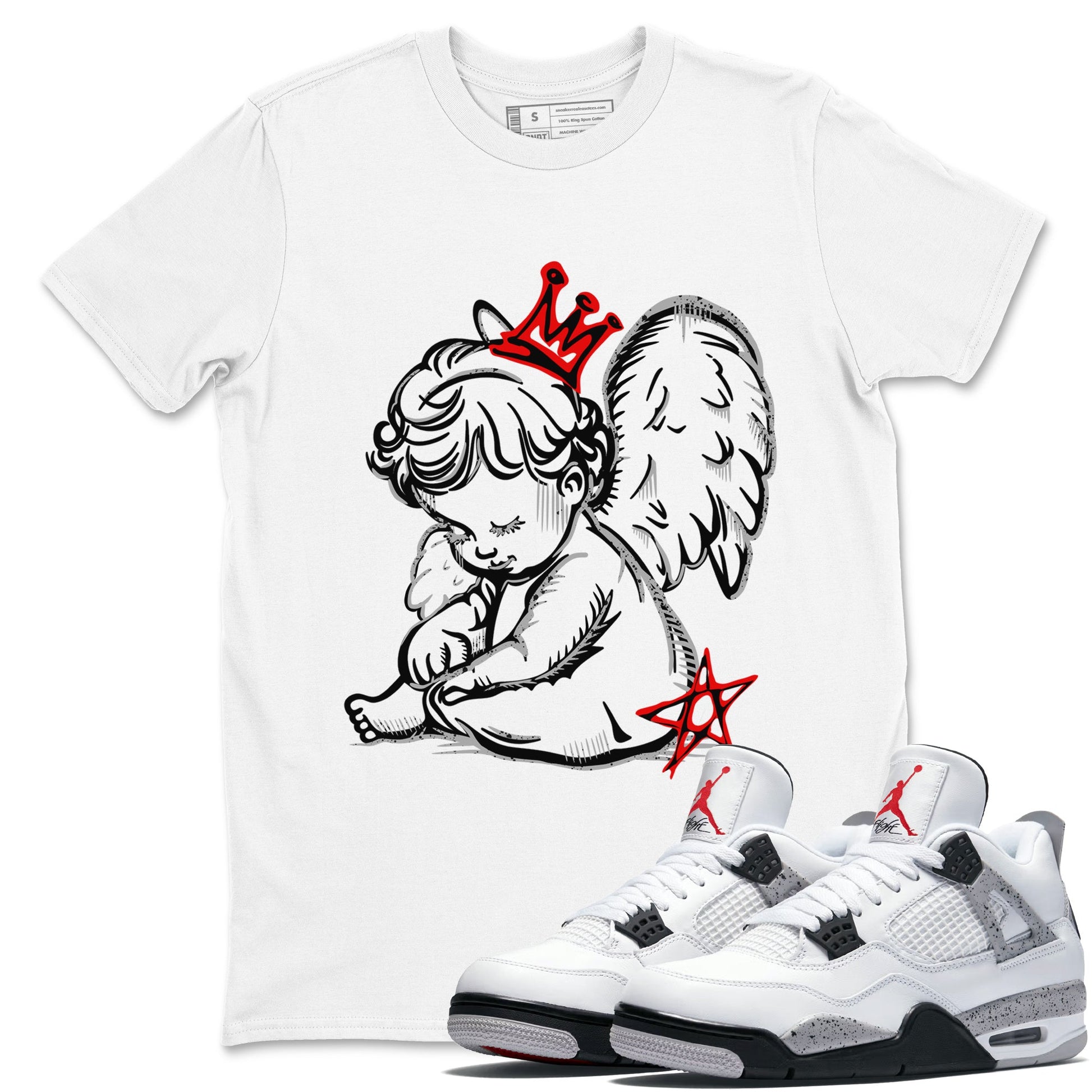 Neon Angel sneaker match t-shirt styled to complete your fit with the Air Jordan 4 White Cement sneakers, shown in White 1.