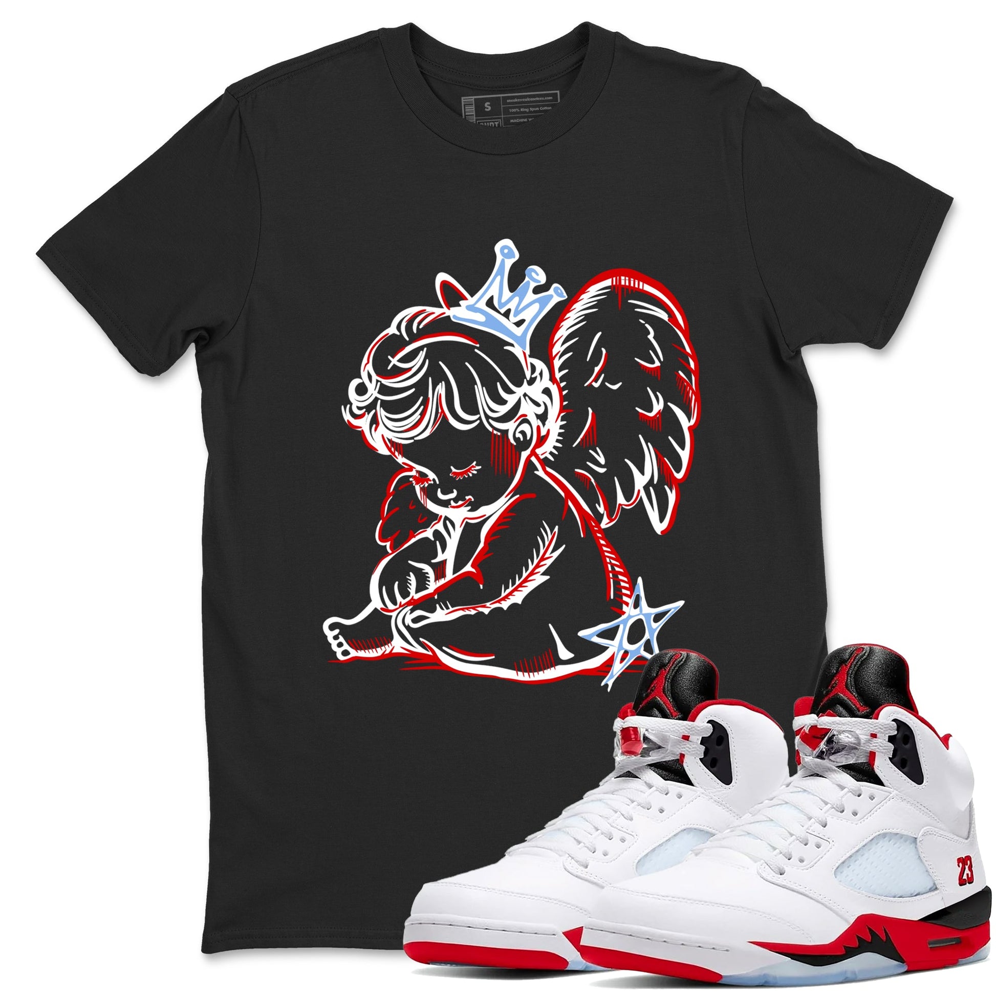 Sneaker match tees – Sneaker Tees To Match Air Jordan 5 Fire Red Shoes – Neon Angel Tee Black 1