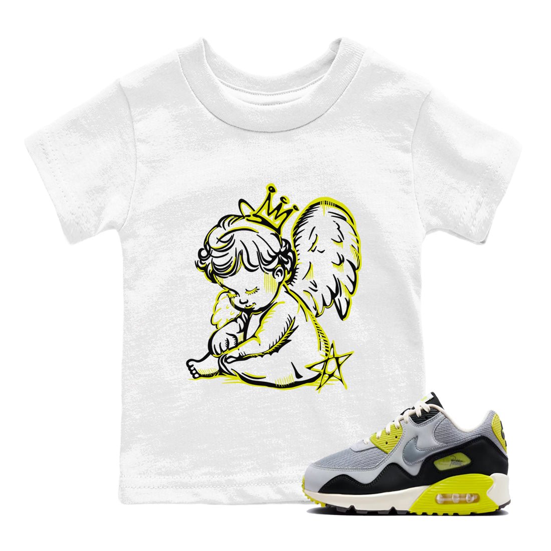 Neon Angel baby and kids t-shirt crafted for little sneakerheads to shine with the Air Max 90 Cyber sneakers, displayed in White 1.