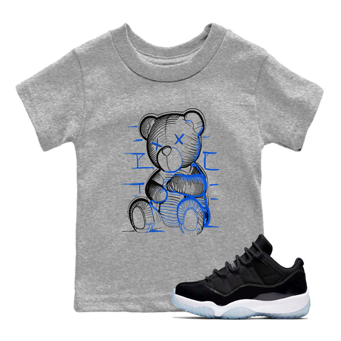 11s Black and Varsity Royal shirt to match jordans Neon Bear sneaker tees AJ11 Black and Varsity Royal SNRT sneaker release tees baby toddler Heather Grey 1 cotton Shirt