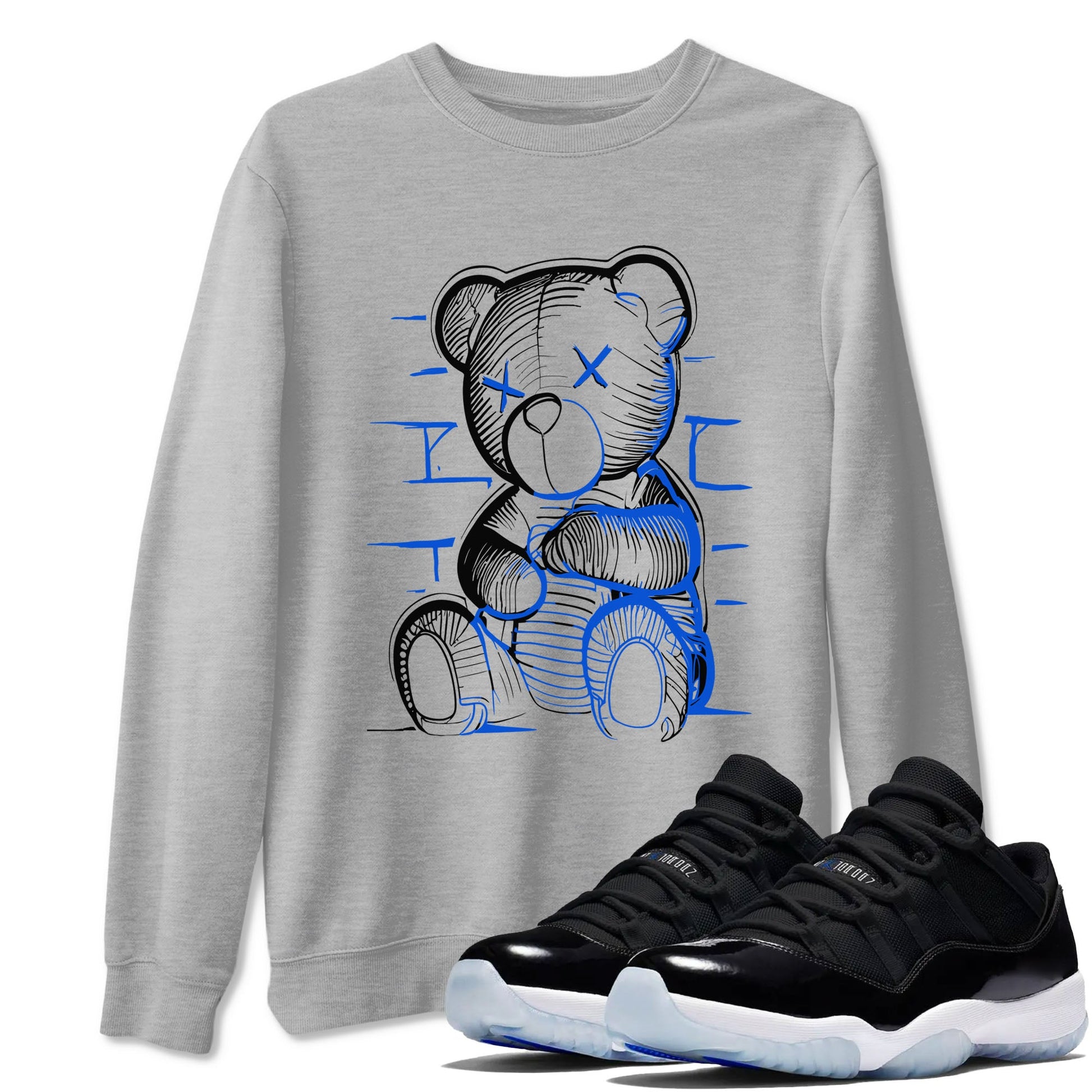 11s Black and Varsity Royal shirt to match jordans Neon Bear sneaker tees AJ11 Black and Varsity Royal SNRT sneaker Release Tees unisex cotton Heather Grey 1 crew neck shirt