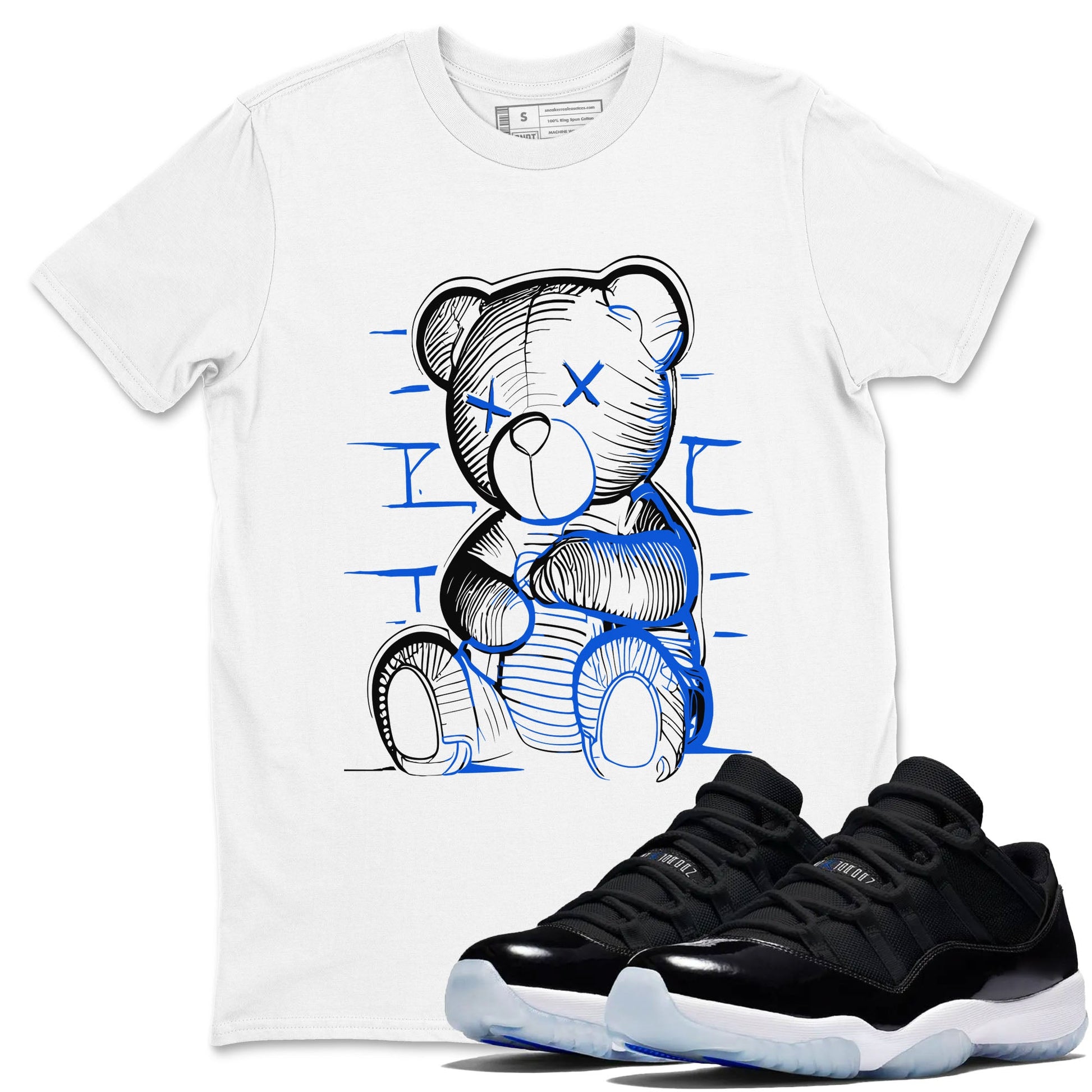 11s Black and Varsity Royal shirt to match jordans Neon Bear sneaker tees AJ11 Black and Varsity Royal SNRT sneaker Release Tees unisex cotton White 1 crew neck shirt