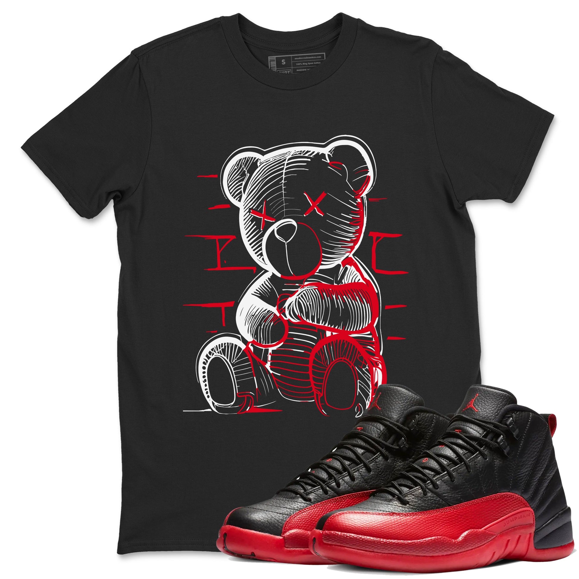 12s Flu Game shirts to match jordans Neon Bear best t shirts to wear with jordans Air Jordan 12 Retro Flu Black and Varsity Red match shoes to clothes SNRT Sneaker Tees unisex cotton Black 1 shirts