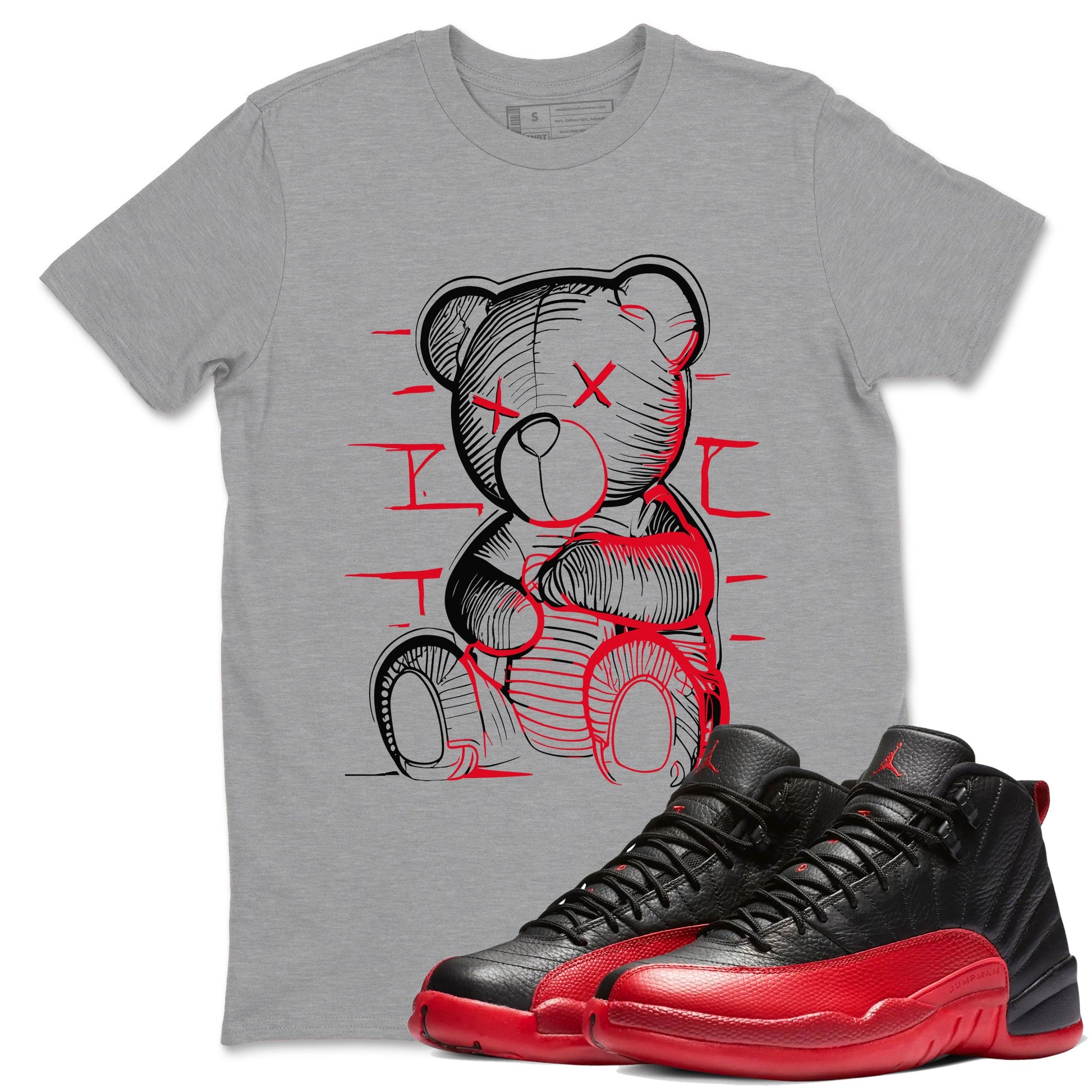 12s Flu Game shirts to match jordans Neon Bear best t shirts to wear with jordans Air Jordan 12 Retro Flu Black and Varsity Red match shoes to clothes SNRT Sneaker Tees unisex cotton Heather Grey 1 shirts
