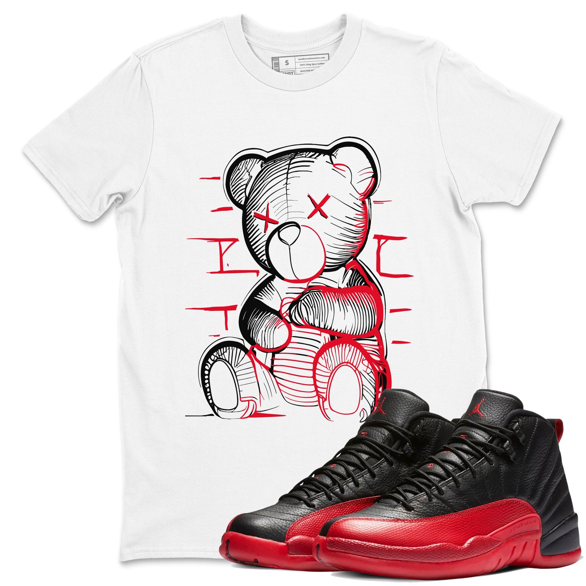 12s Flu Game shirts to match jordans Neon Bear best t shirts to wear with jordans Air Jordan 12 Retro Flu Black and Varsity Red match shoes to clothes SNRT Sneaker Tees unisex cotton White 1 shirts