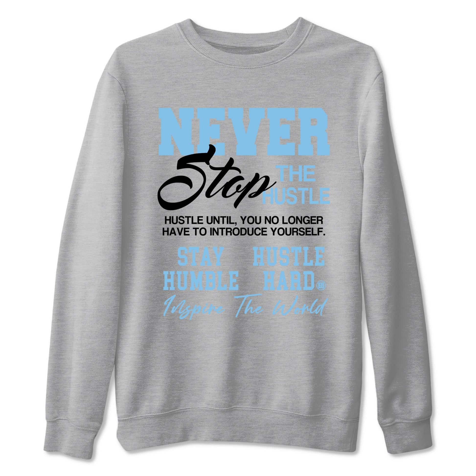 Never Stop The Hustle sneaker match t-shirt styled to complete your fit with the Air Foamposite One Psychic Blue sneakers, shown in Heather Grey 2.