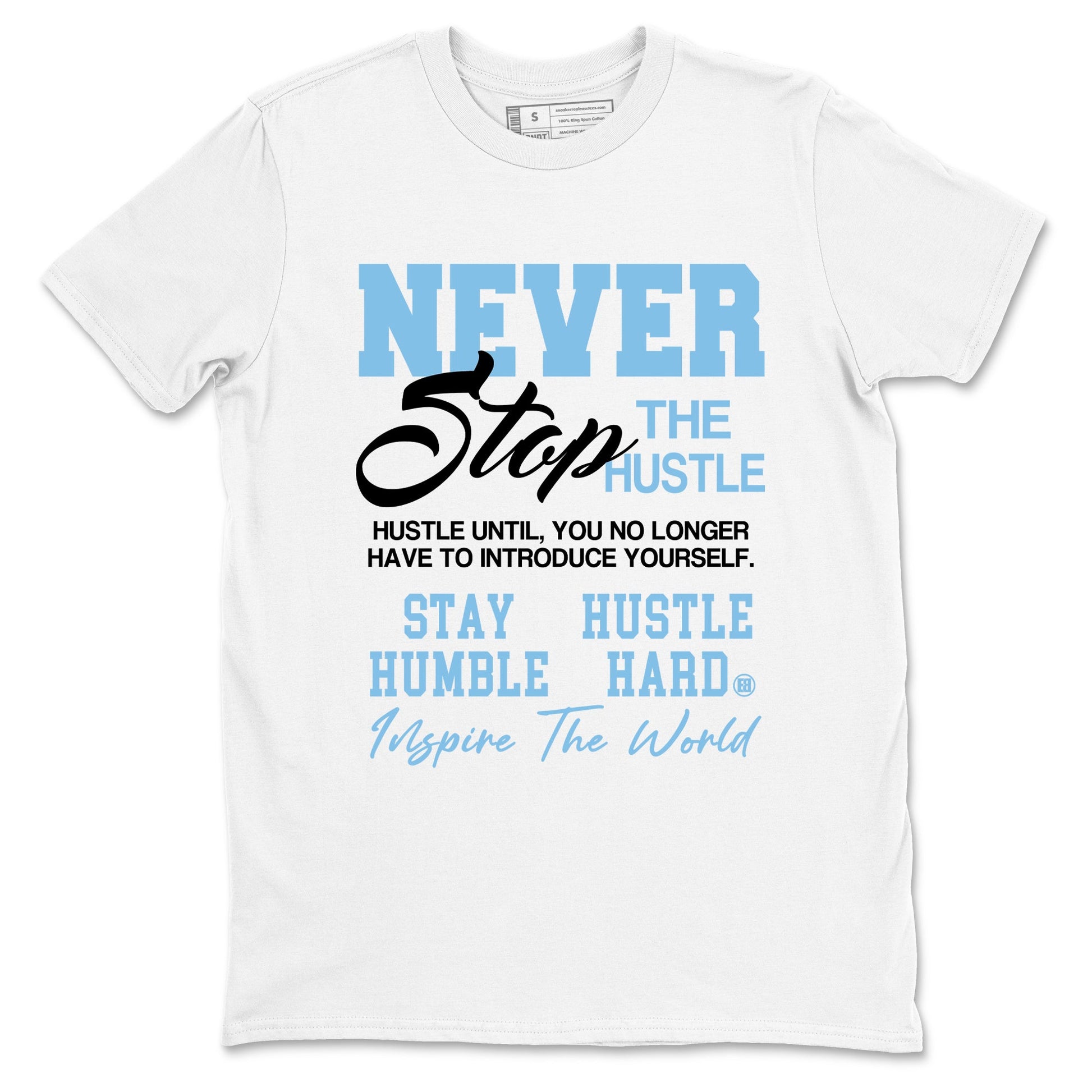 Never Stop The Hustle sneaker match t-shirt styled to complete your fit with the Air Foamposite One Psychic Blue sneakers, shown in White 2.
