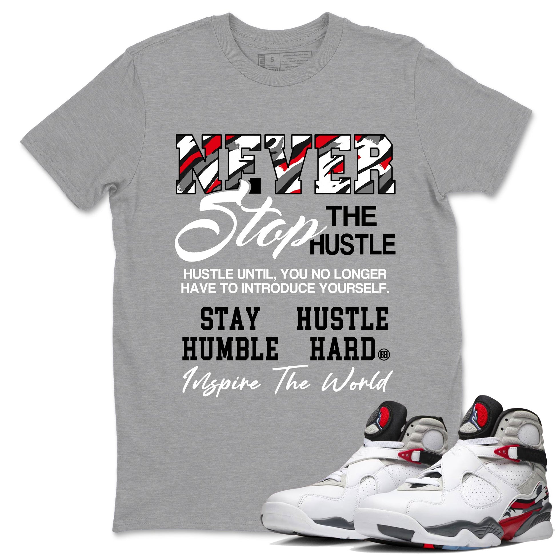 Sneaker Threads – Sneaker Tees To Match Air Jordan 8 Bunny – Never Stop The Hustle Graphic Tee Heather Grey 1. Perfect for Jordan releases 2025 colorways.