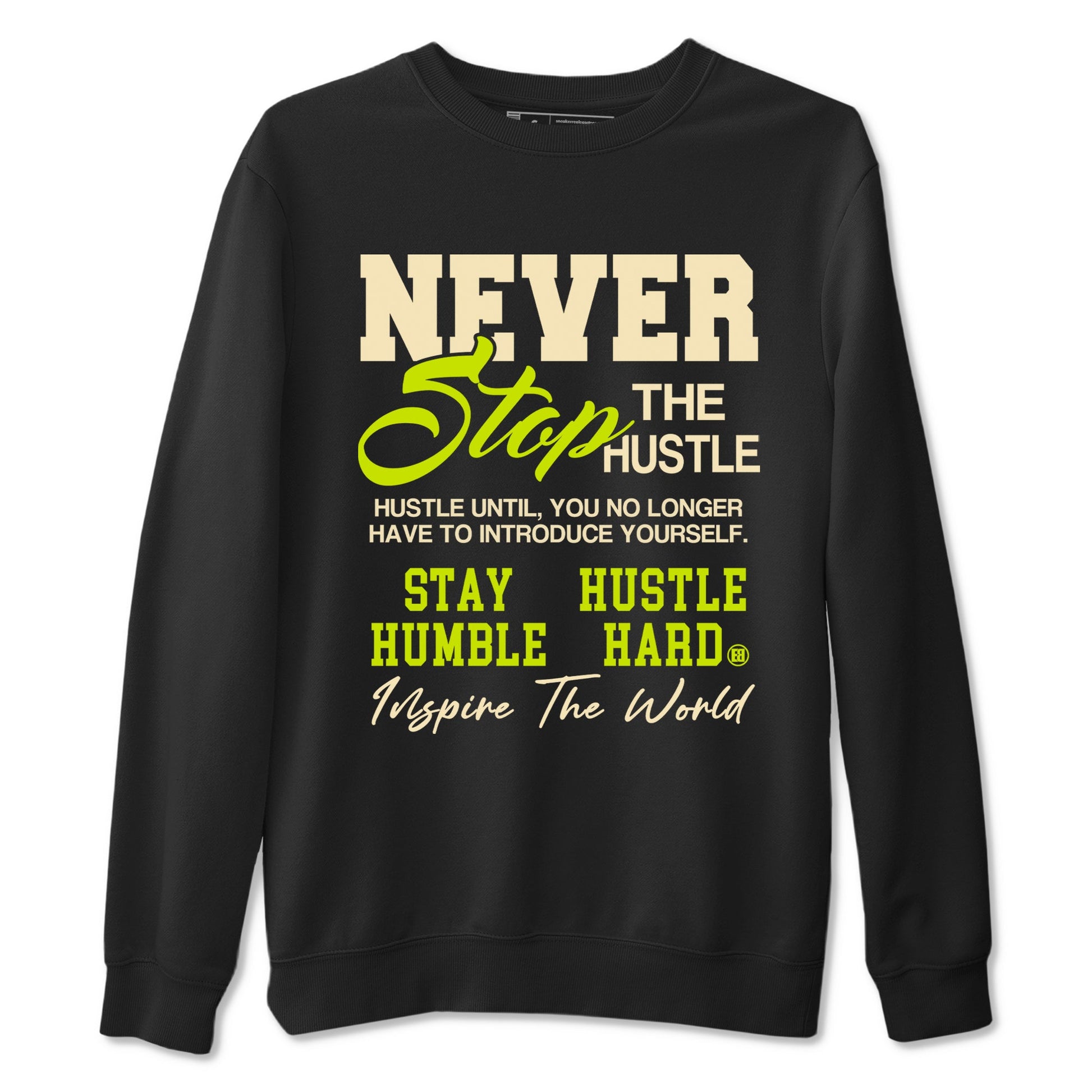 Never Stop The Hustle sneaker match t-shirt styled to complete your fit with the Jordan Jumpman Jack Travis Scott Bright Cactus sneakers, shown in Black 2.