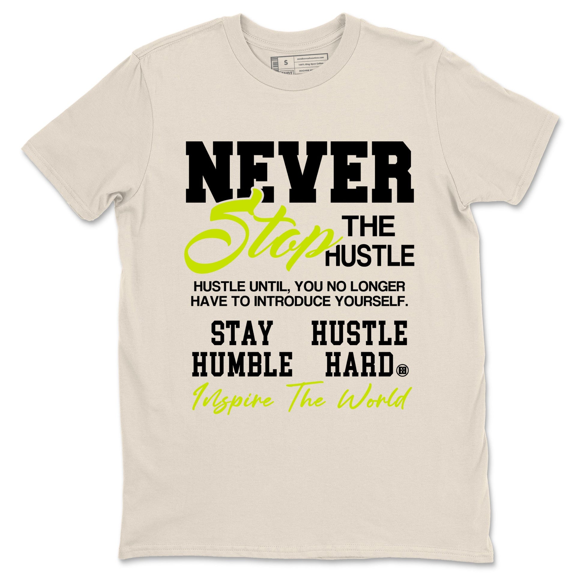 Never Stop The Hustle sneaker match t-shirt styled to complete your fit with the Jordan Jumpman Jack Travis Scott Bright Cactus sneakers, shown in Natural 2.